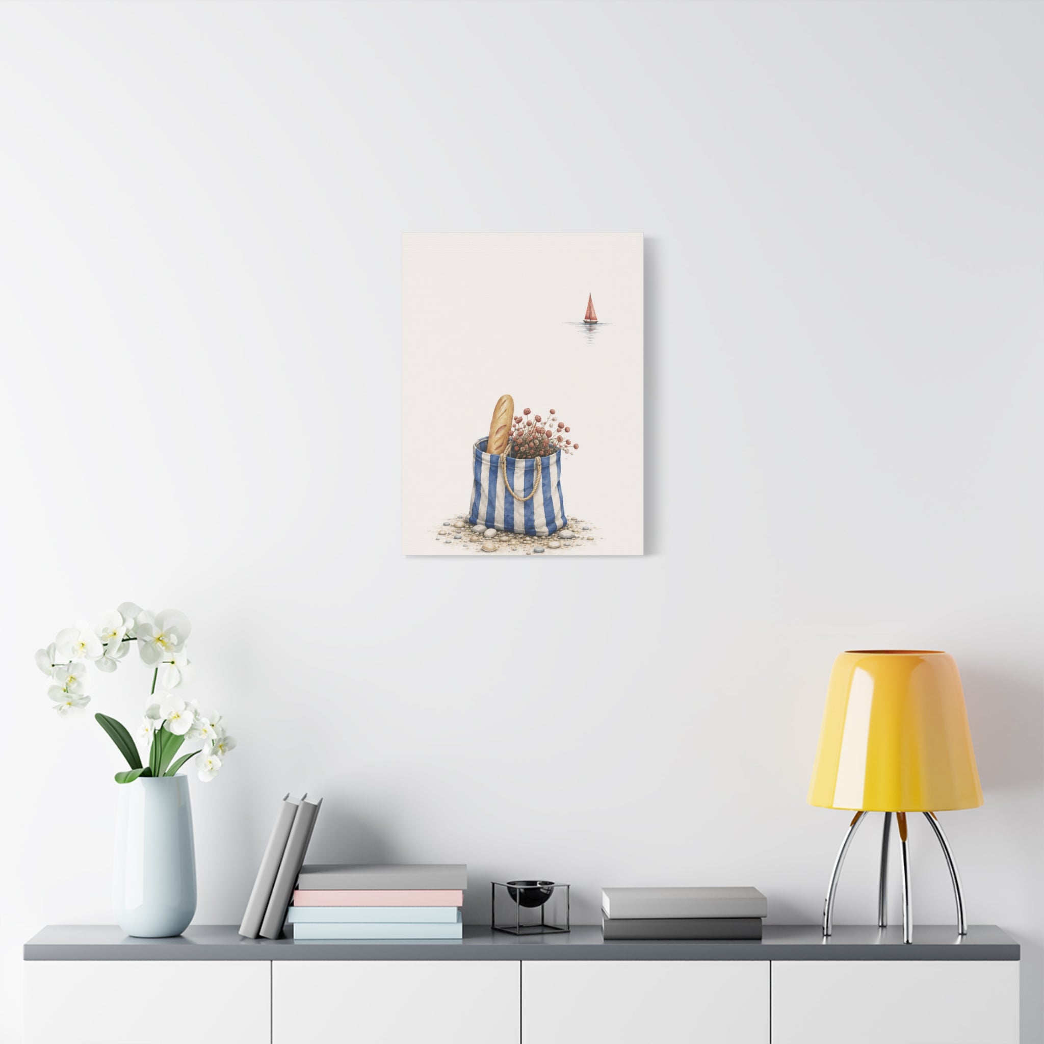 Market Bag by the Sea Canvas Print – Blue & Salt Mediterranean Kitchen Wall Art | Solen