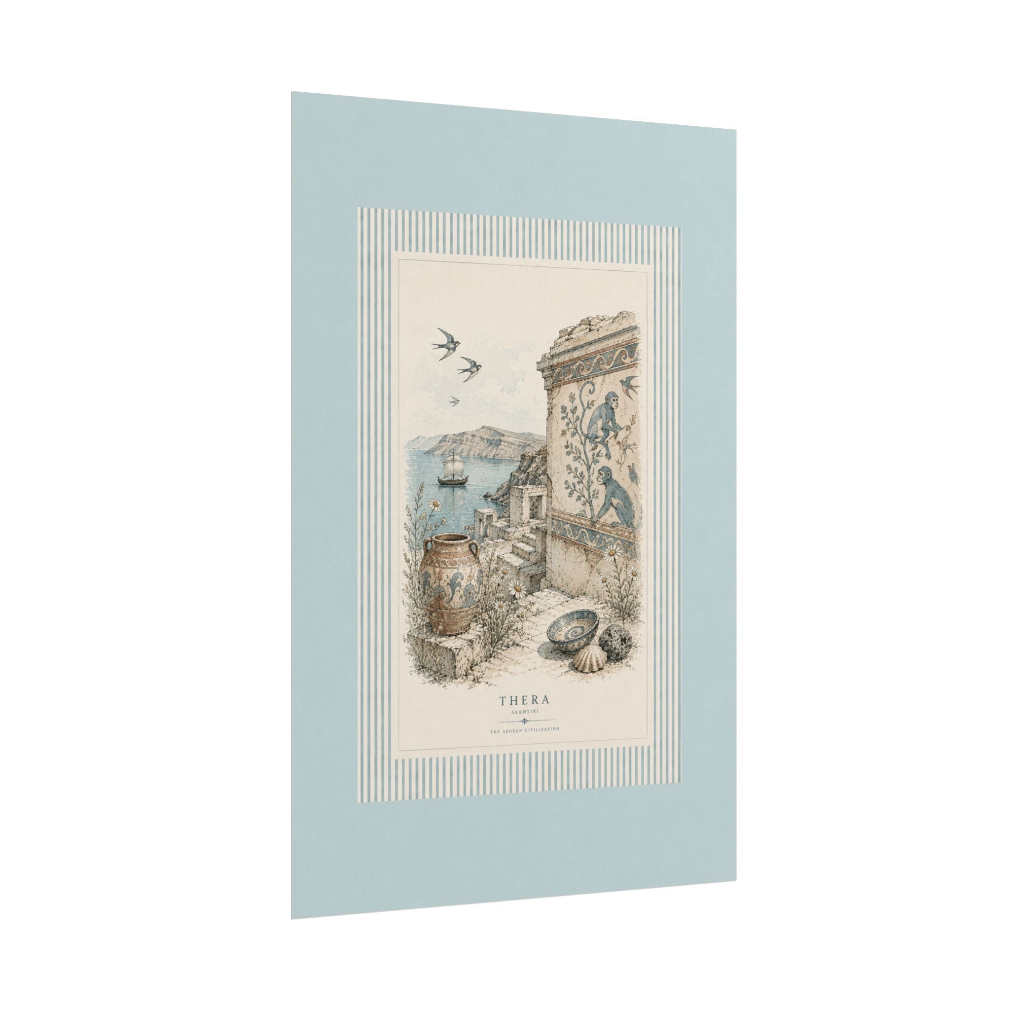 Thera Aegean Fresco Rolled Poster | Ancient Minoan Monkey & Ruins Illustration | Coastal Blue Home Decor, Solen