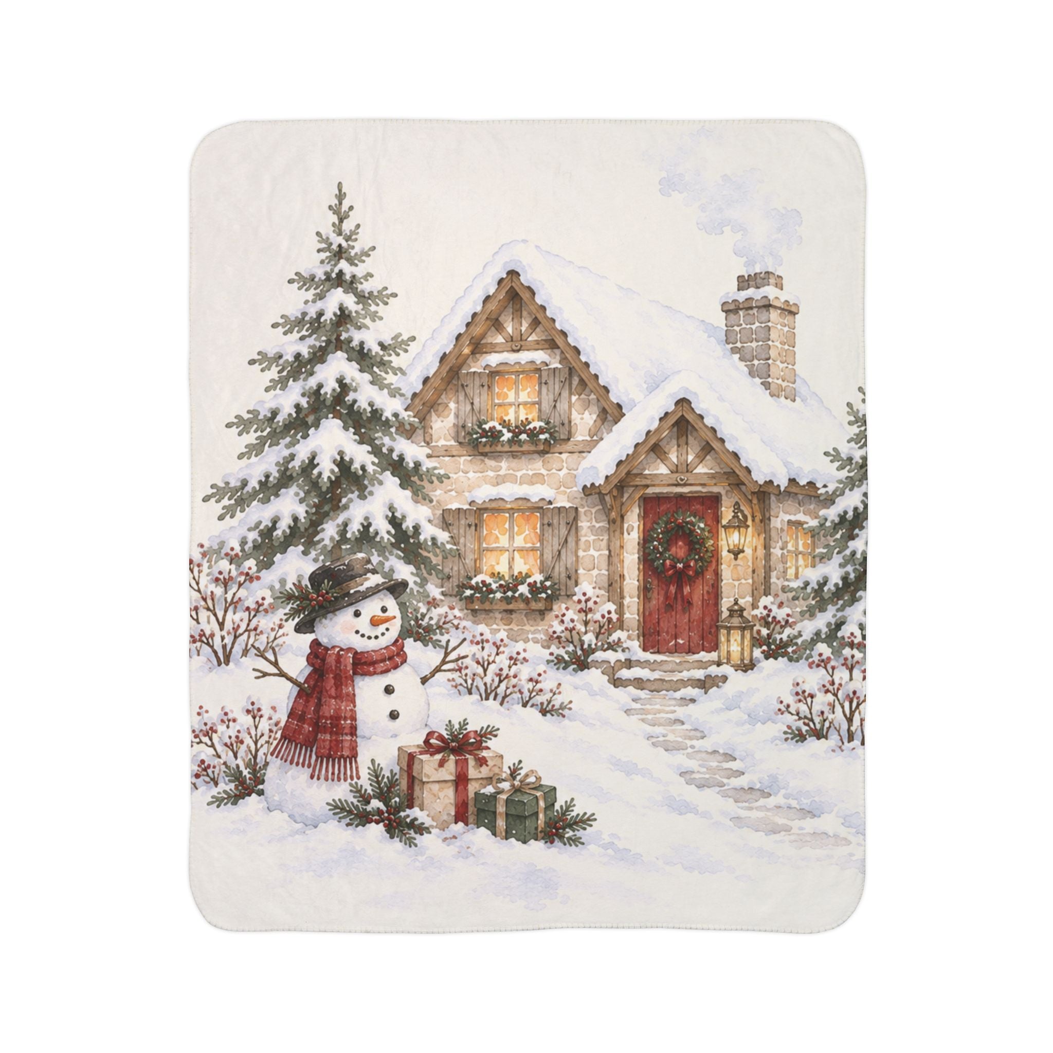 Snowy Cottage Sherpa Blanket — Cozy Christmas Cabin Throw with Snowman