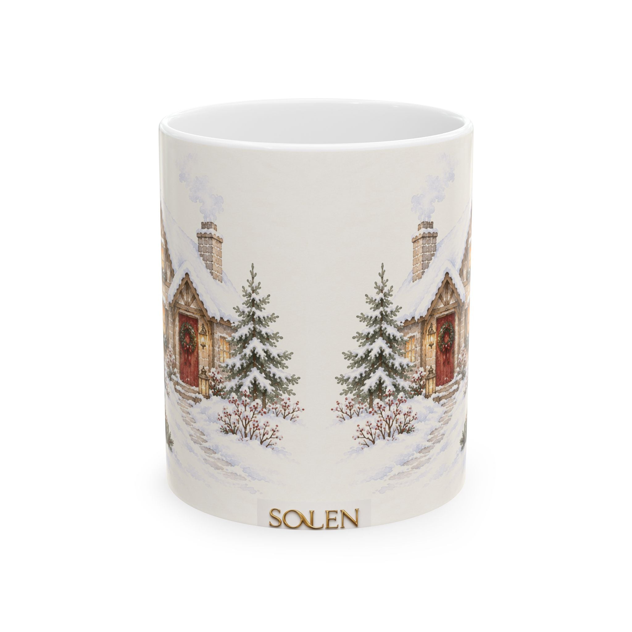 Winter Cottage Ceramic Mug – Cozy Snowy Cabin Coffee Cup (11oz & 15oz)