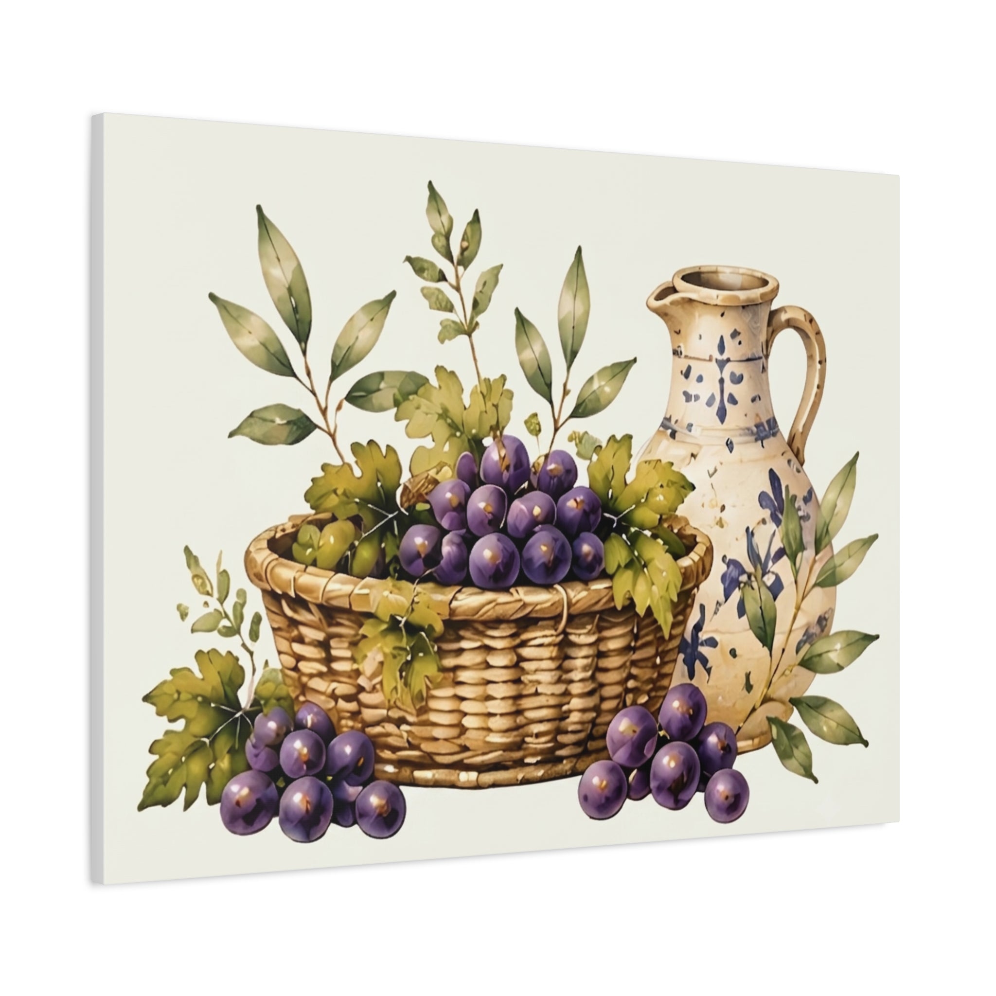 Grapes & Pitcher Matte Canvas Wall Art, Rustic Tuscan Kitchen Decor, Vintage Fruit Still Life Print, Dining Room Art, Solen