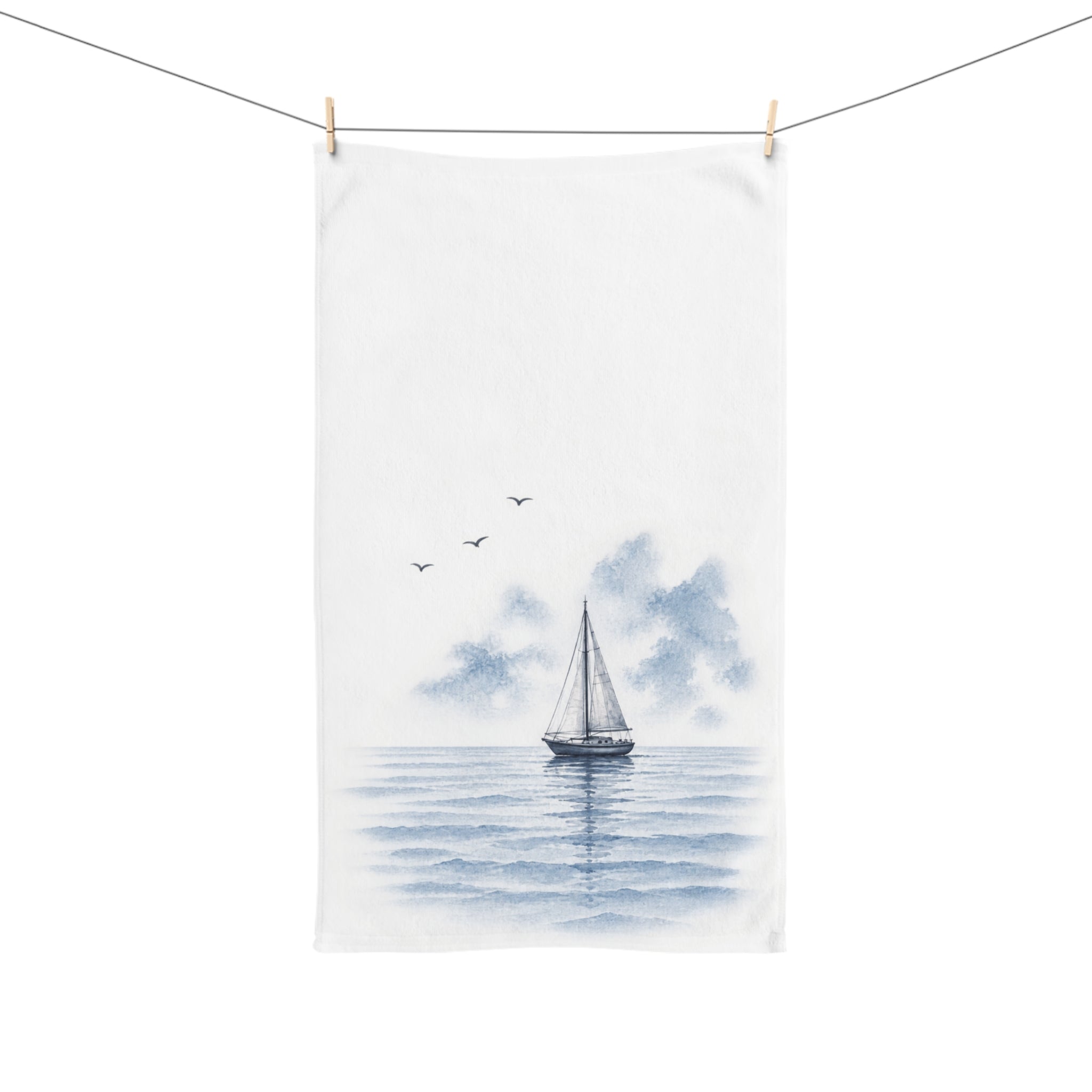 Watercolor Sailboat Hand Towel, Coastal Blue Nautical Bathroom Decor, Solen