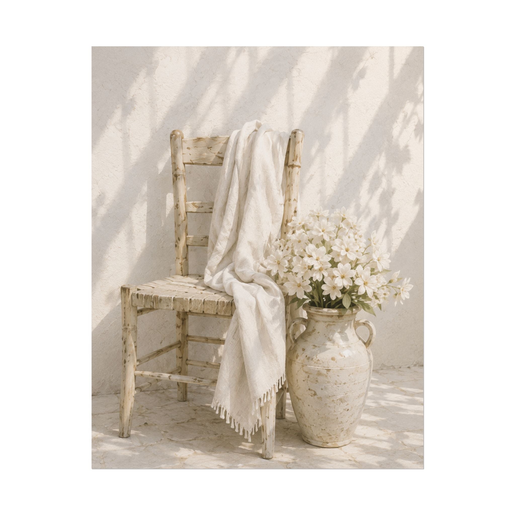 Mediterranean Poster, Neutral Coastal Wall Art, Rustic Chair & White Flowers Print, Minimalist Mediterranean Home Decor, Solen