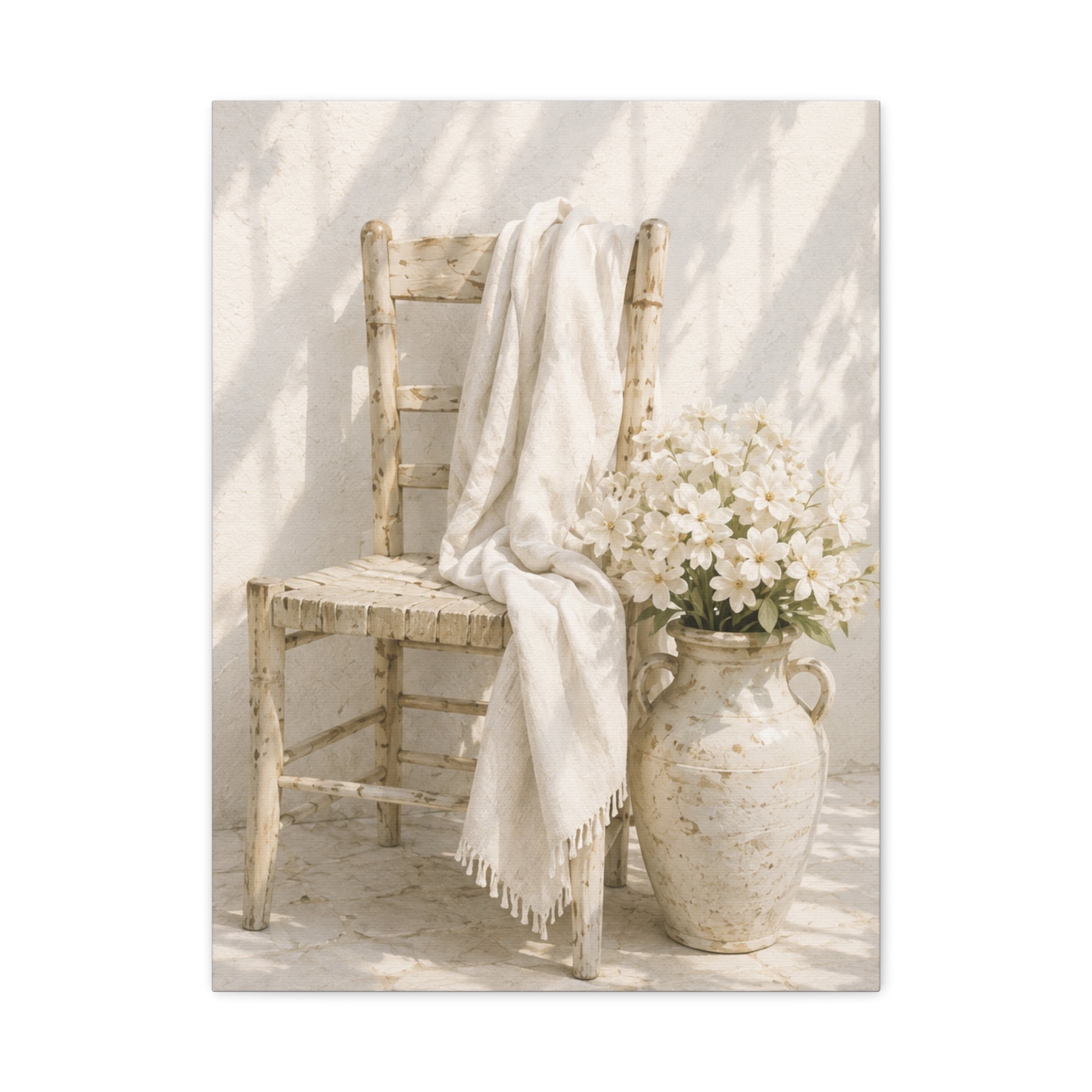 Neutral Cottage Chair Canvas Print, Rustic Chair with Vase Wall Art, Minimalist Mediterranean Decor, Beige Cottage Art, Solen