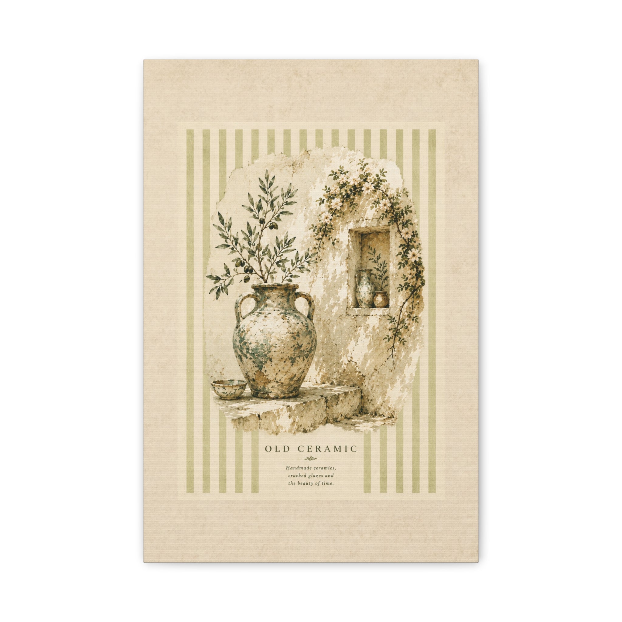 Old Ceramic Wall Art Canvas, Vintage Mediterranean Pottery Print, Rustic Olive Branch Illustration, Sage Striped Decor, Solen