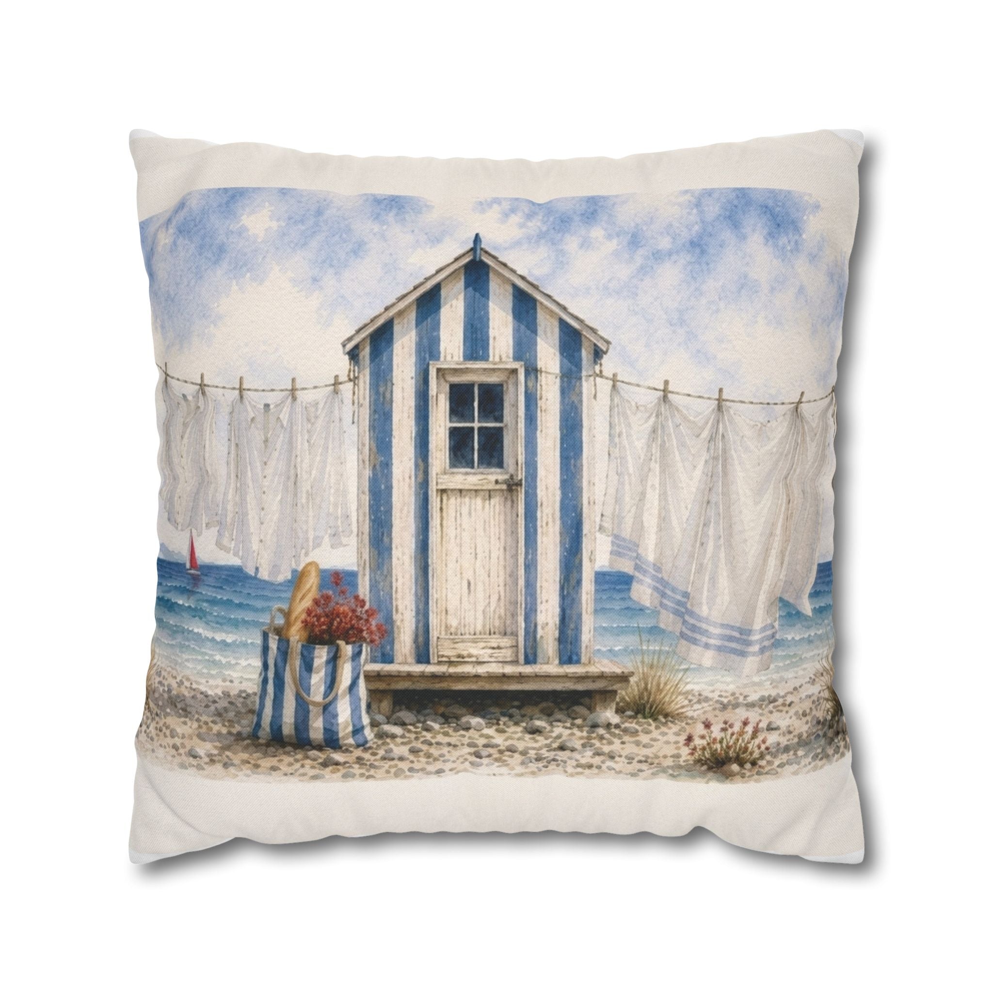 Close-up of coastal illustration on beach house cushion