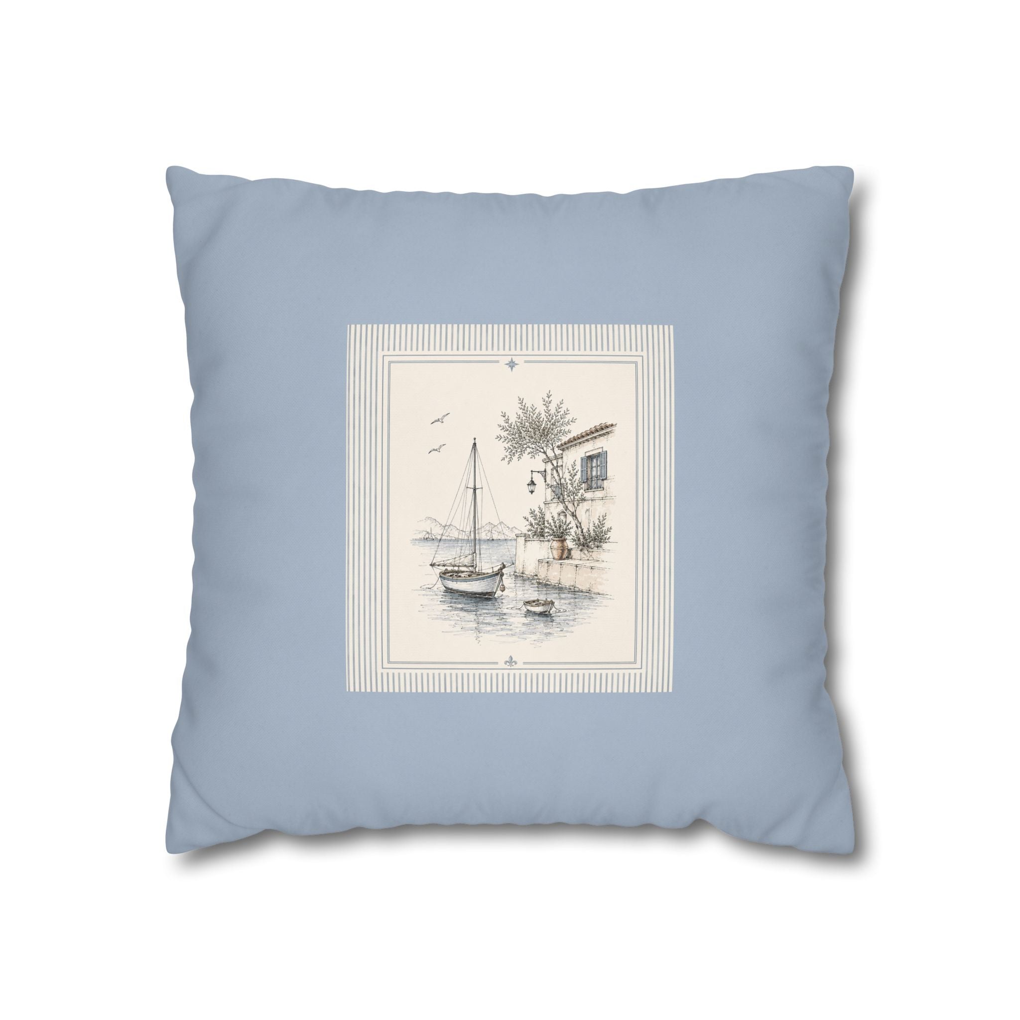 Coastal Sailboat Square Pillowcase, Blue Nautical Harbor Print Cushion, Beach House Sofa Decor, Square Throw Pillow, Solen