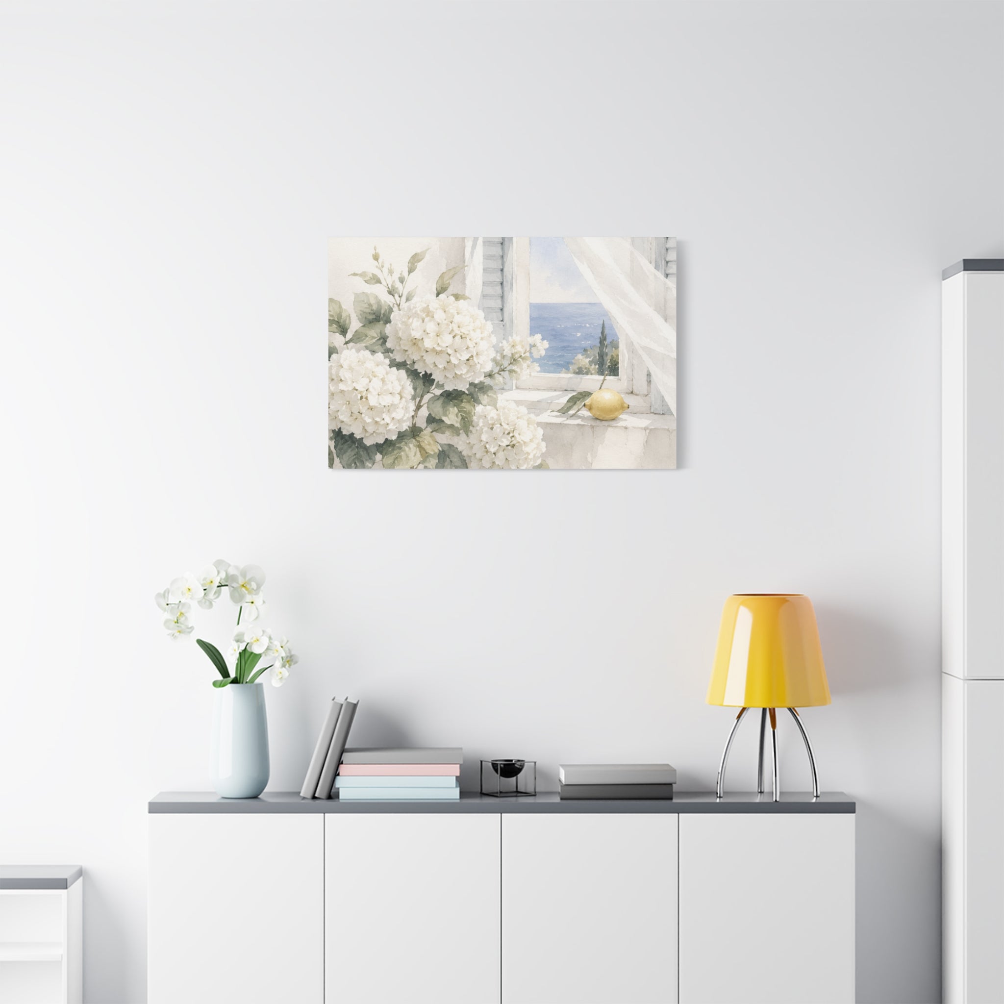 White Summer Window Canvas Wall Art, Hydrangea & Sea Watercolor Print, Coastal Cottage Bedroom Decor, Blue Seaside Art, Solen
