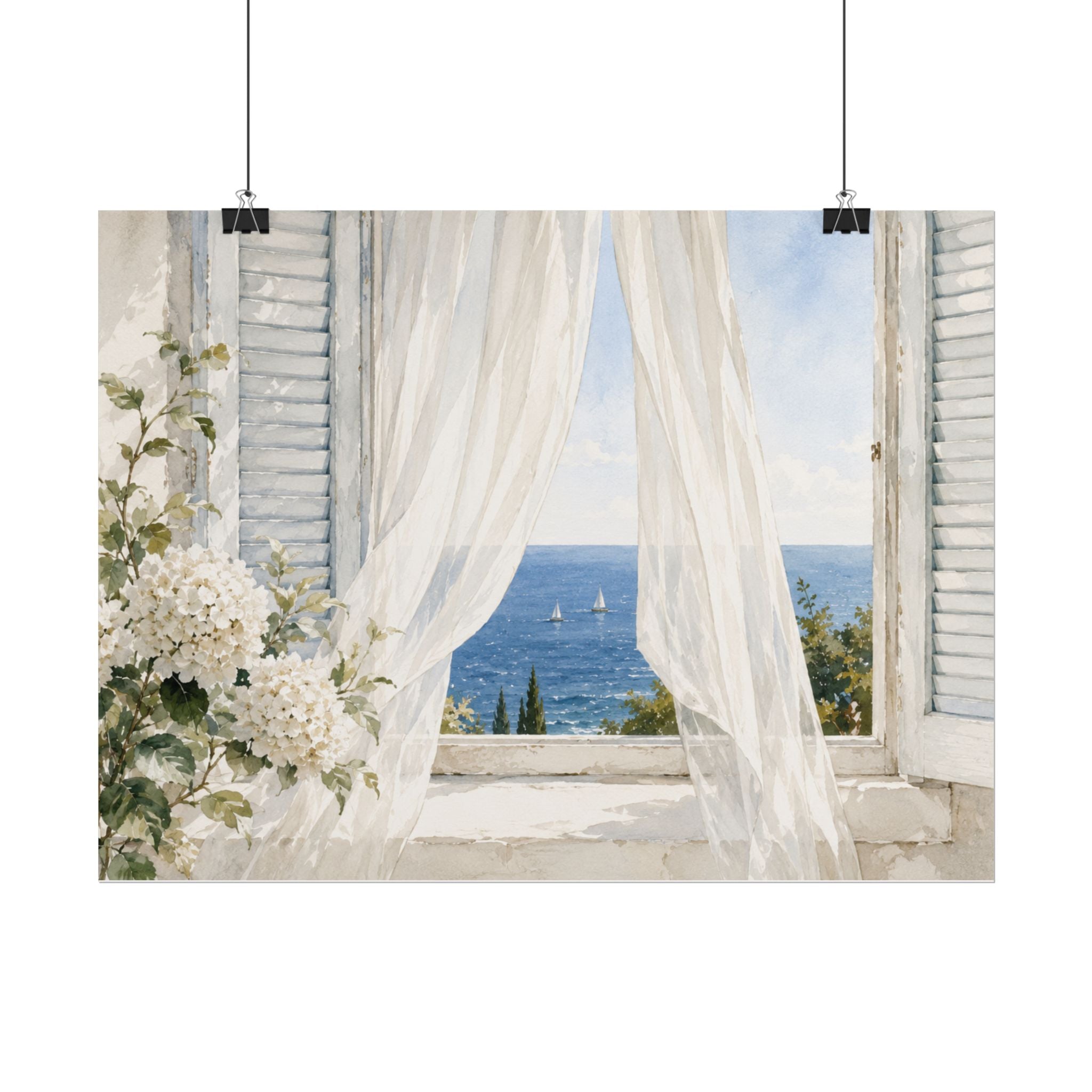 Blue Hydrangea Botanical Rolled Poster, Watercolor Floral Wall Art, Cottagecore Bedroom Decor, Coastal Flower Print, Solen