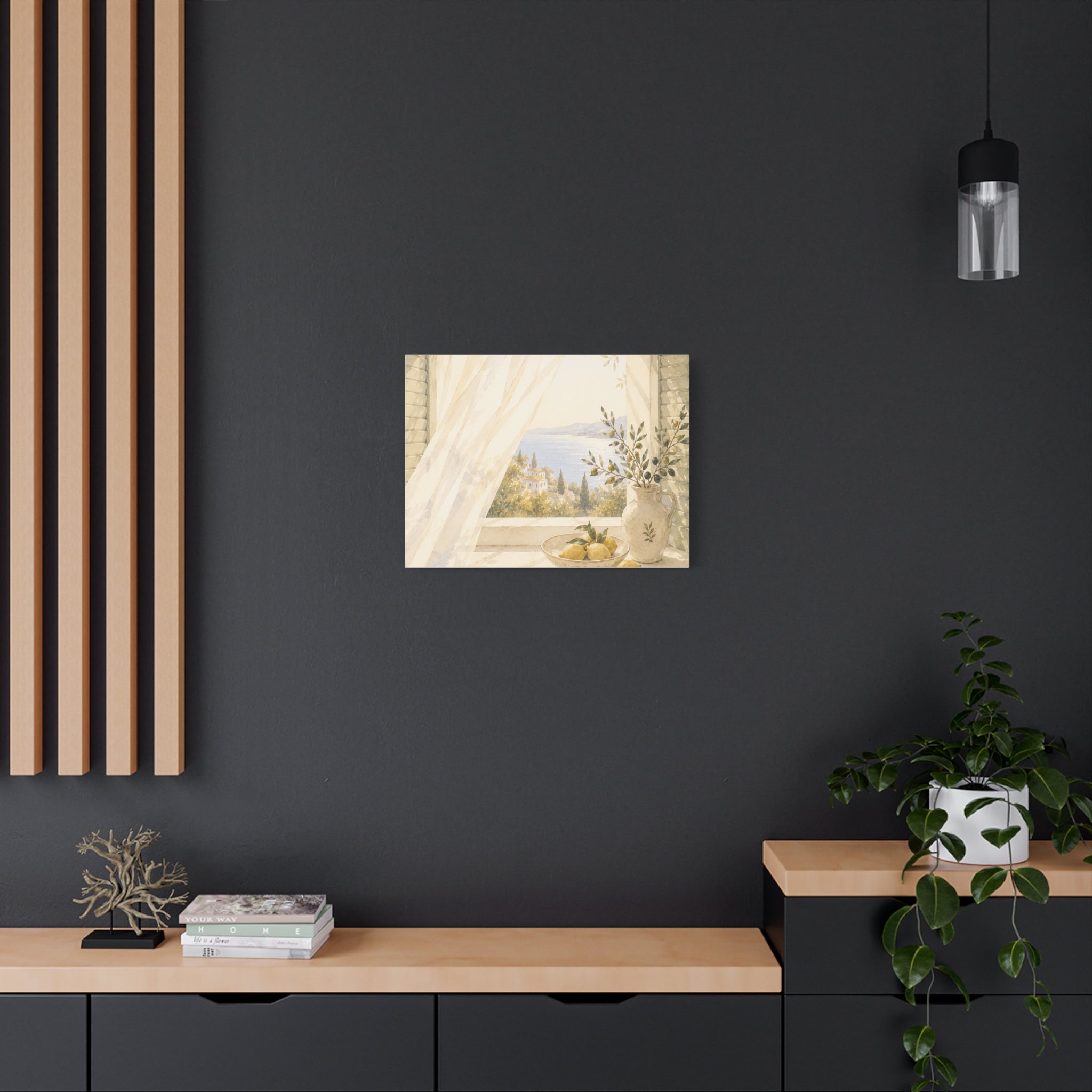 Golden Morning Window Canvas Wall Art, Mediterranean Lemon & Olive Print, Sunlit Linen Curtain Coastal Decor, Window Stories, Solen