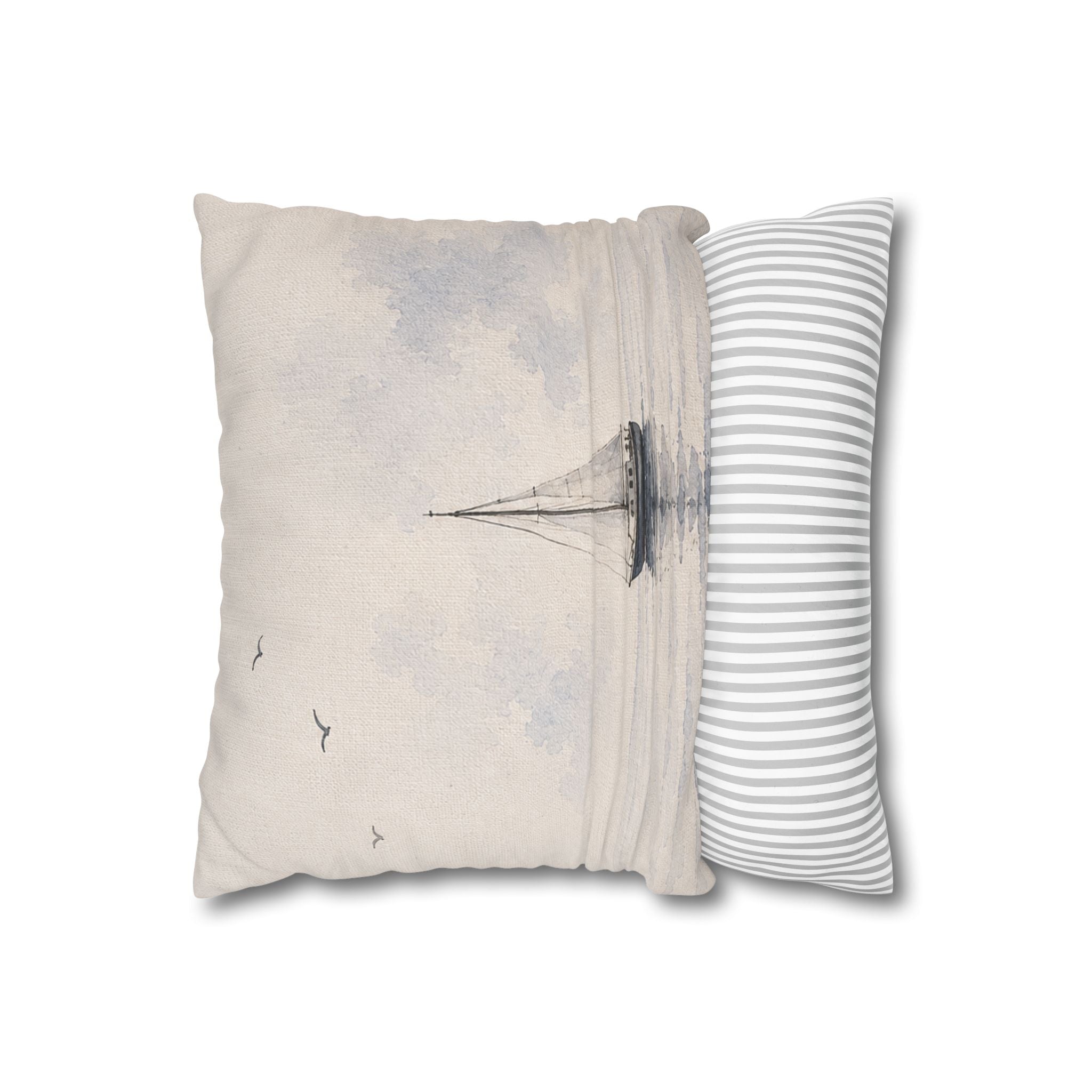 Watercolor Sailboat Throw Pillow Cover, Misty Blue Coastal Nautical Cushion, Muted Sailing Scene Home Decor, Square Pillow, Solen