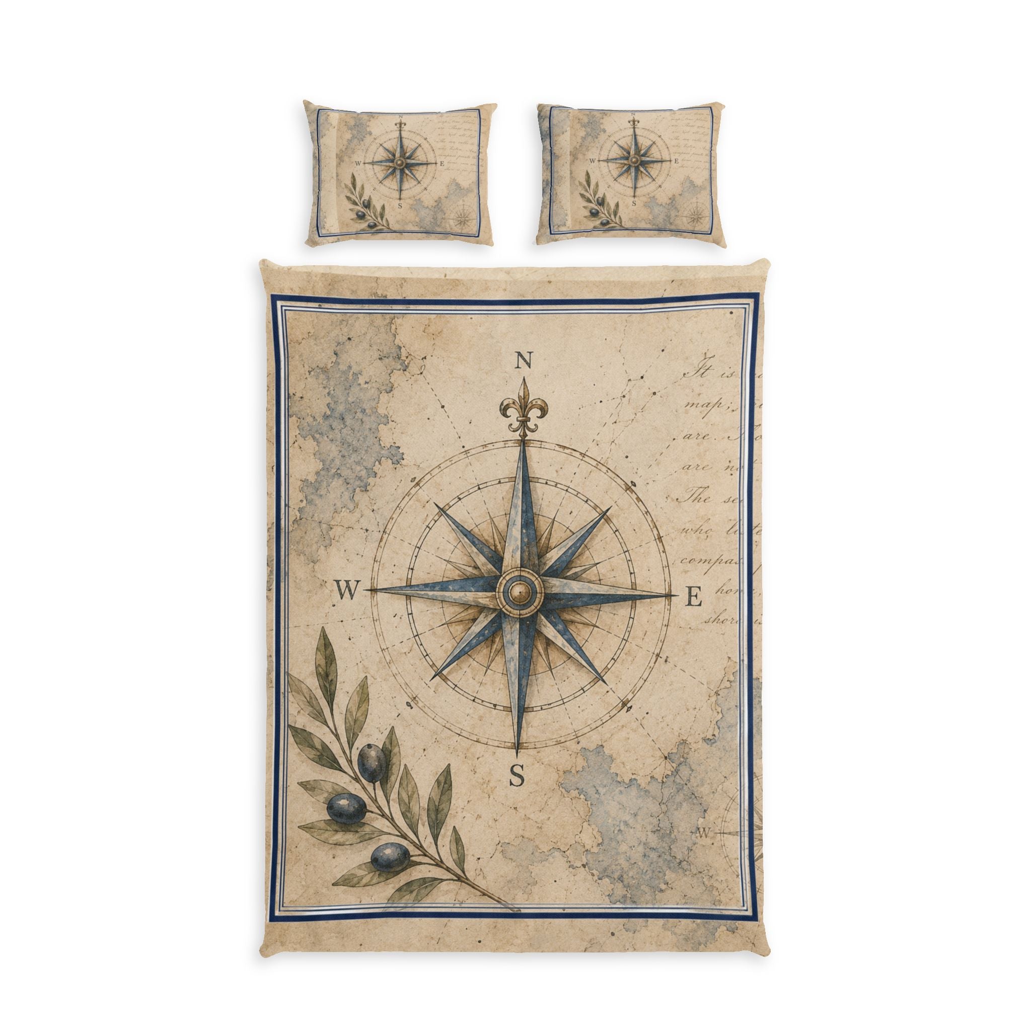 Old Compass Duvet Cover | Vintage Nautical Bedding | Coastal Bedroom Decor | Mediterranean Map Bedding | Ancient Sea Collection | Compass Rose Quilt Cover