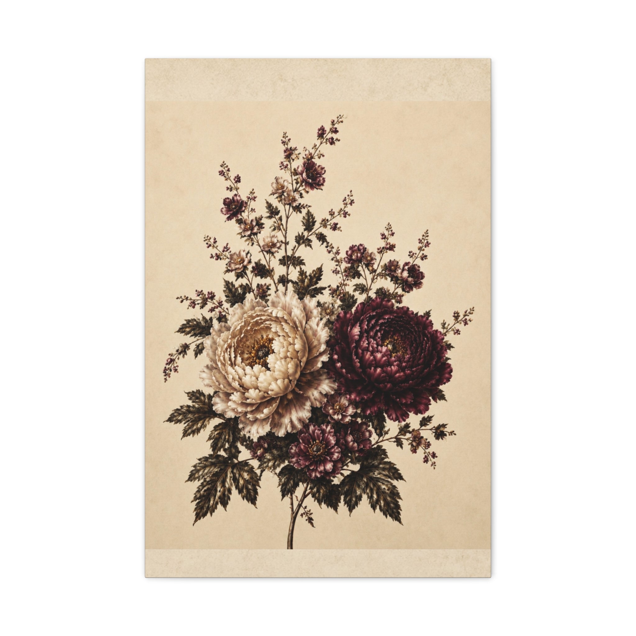 Vintage Floral Bouquet Canvas Wall Art, Antique Botanical Print, Cream Burgundy Peony Art, Dark Academia Home Decor, Solen