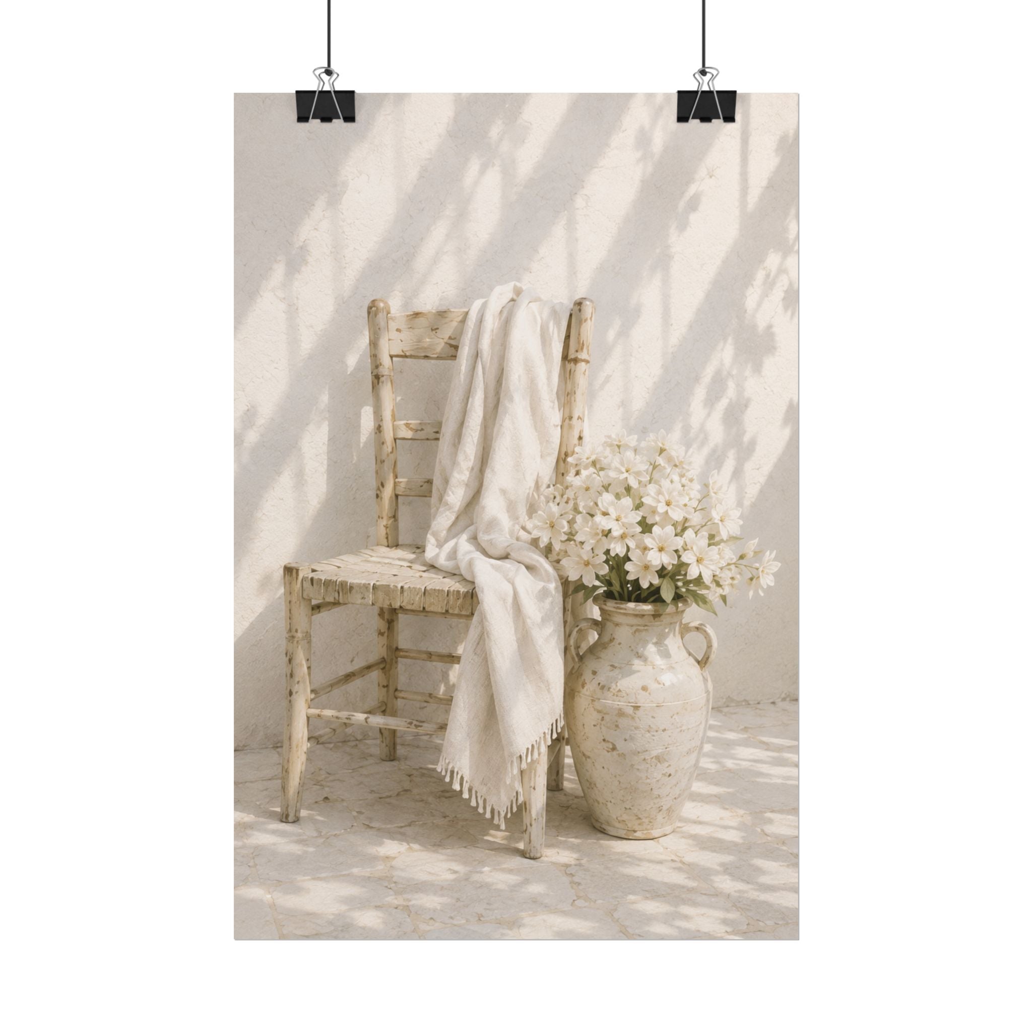 Mediterranean Poster, Neutral Coastal Wall Art, Rustic Chair & White Flowers Print, Minimalist Mediterranean Home Decor, Solen