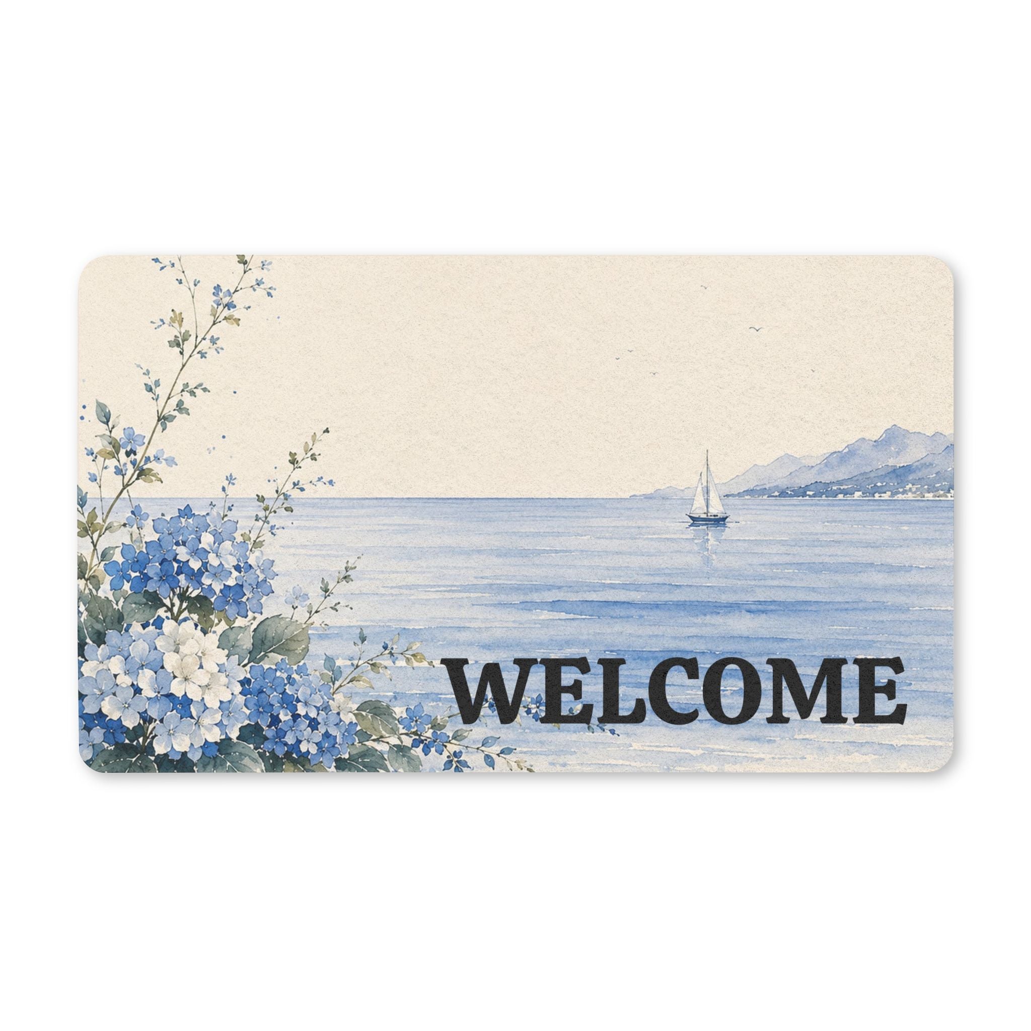 Coastal Welcome Doormat, Blue Hydrangea Seaside Entry Mat, Beach House Porch Decor, Housewarming Gift, Solen