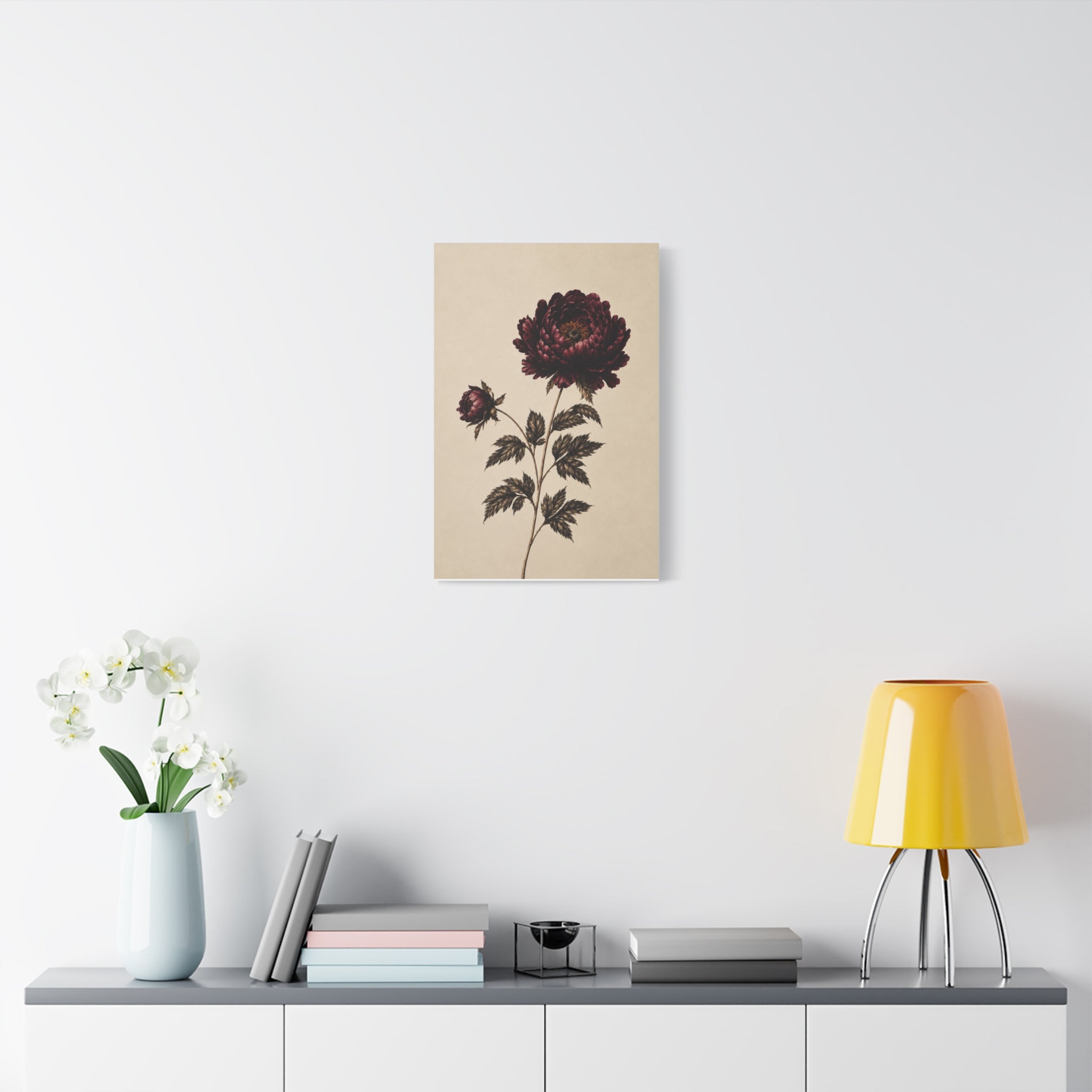 Vintage Botanical Canvas Print, Burgundy Chrysanthemum Wall Art, Dark Academia Floral Decor, Moody Antique Flower Art, Solen