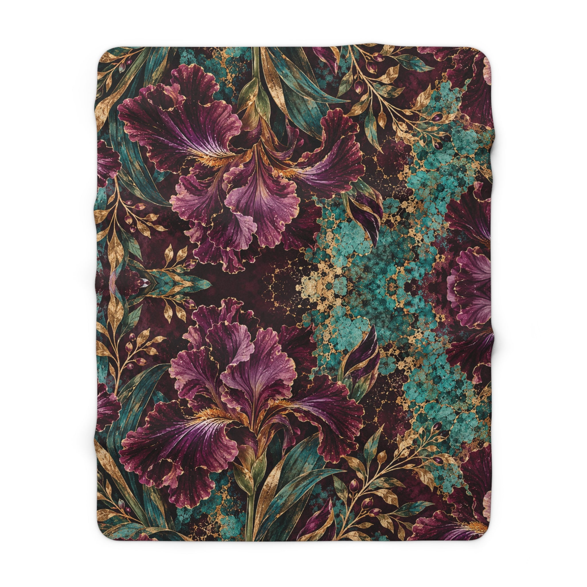 Floral Vintage Sherpa Blanket — Plush Purple Iris & Teal Botanical Throw