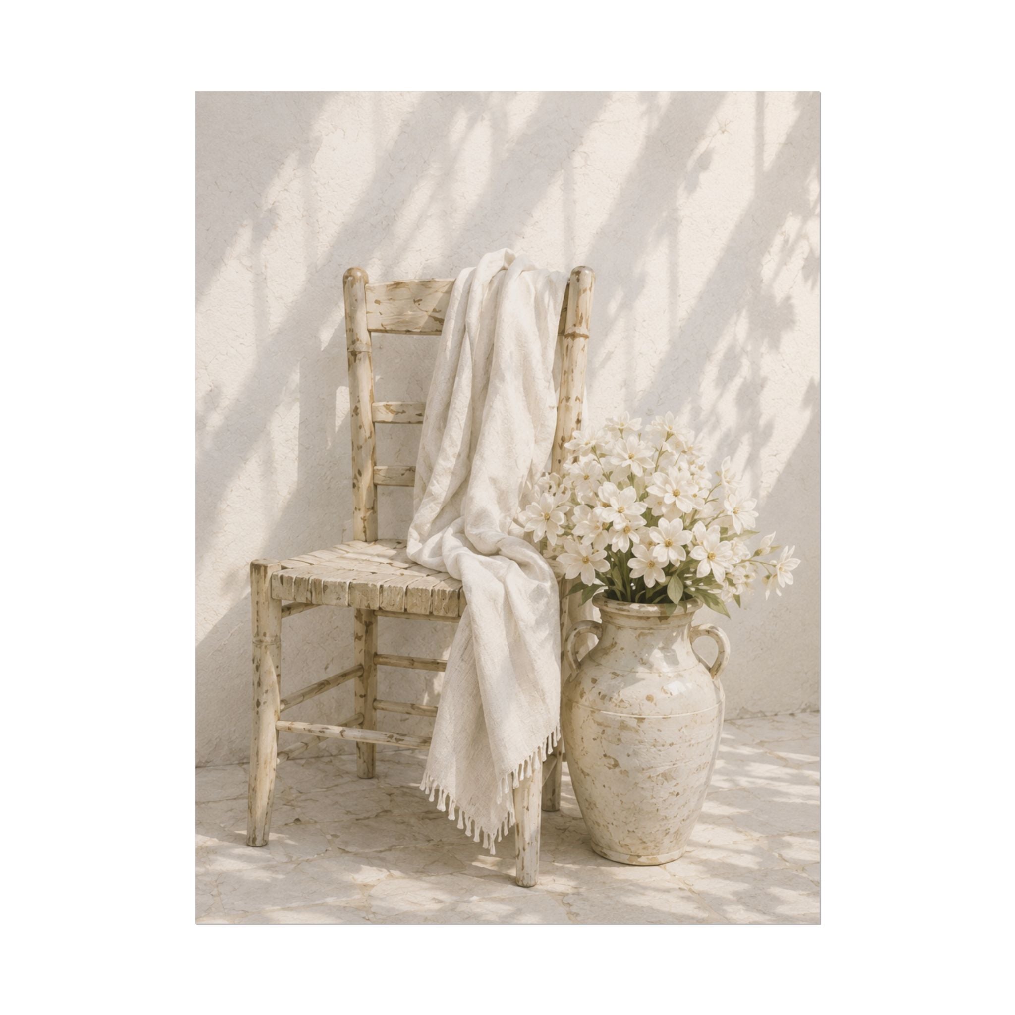Mediterranean Poster, Neutral Coastal Wall Art, Rustic Chair & White Flowers Print, Minimalist Mediterranean Home Decor, Solen