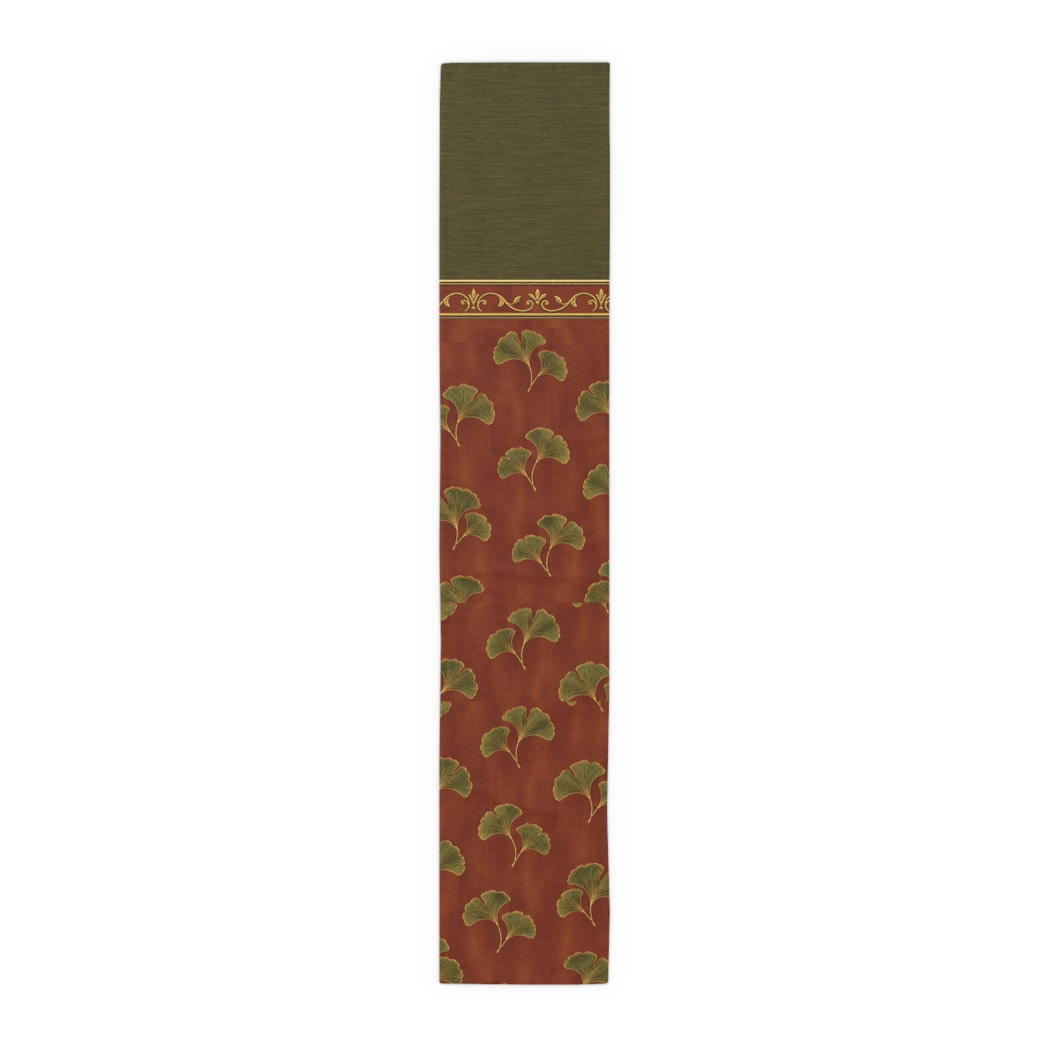 Ginkgo Leaf Table Runner — Earthy Brown & Olive Cotton-Blend Dining Decor