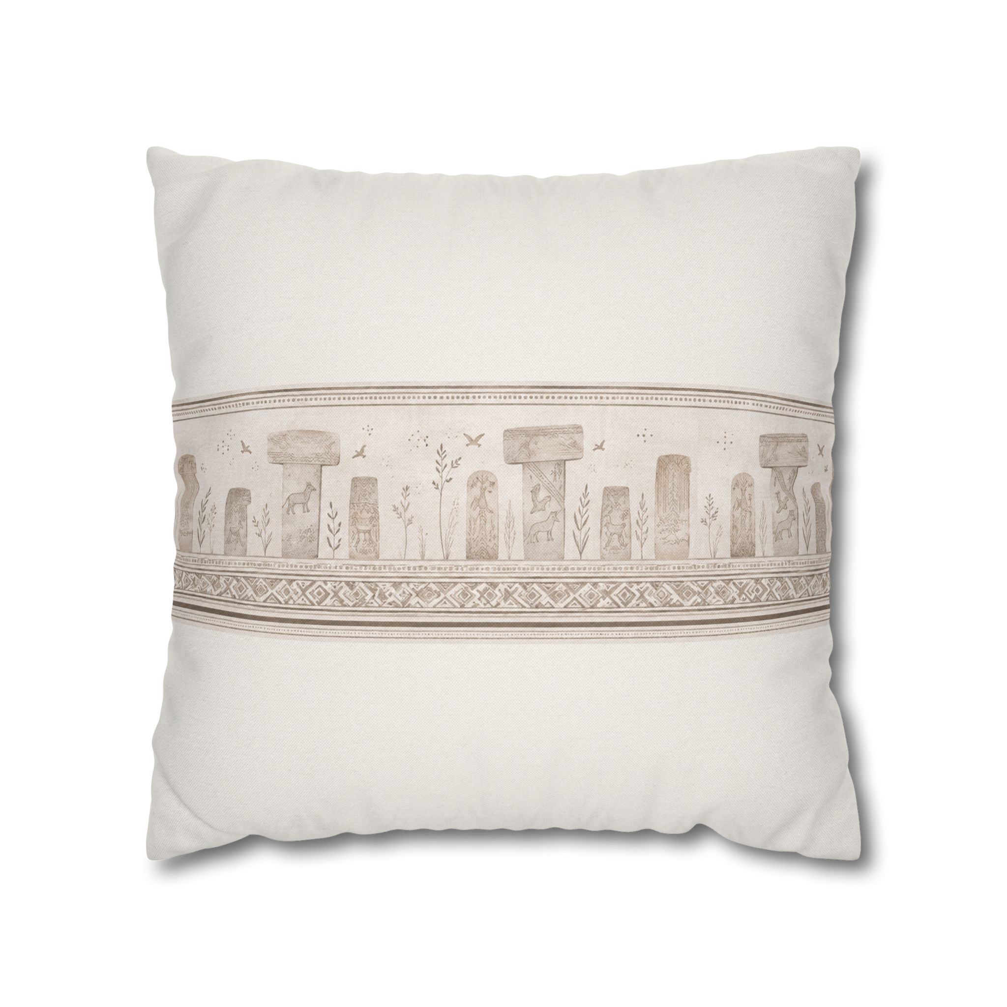 Göbeklitepe Border Pillow Cover, Ancient Anatolian Print Cushion, Neutral Beige Sofa Decor, Historical Square Pillow, Solen