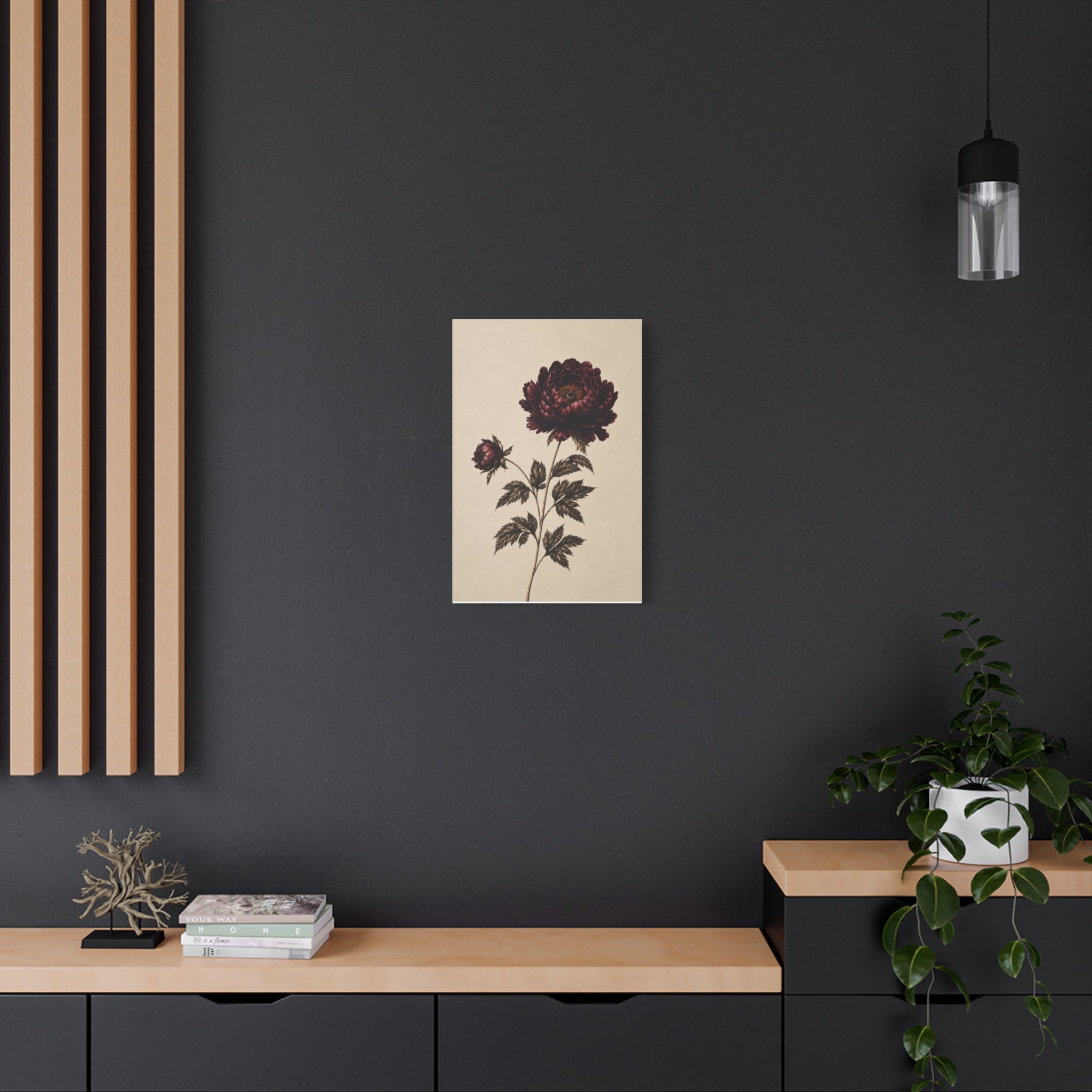Vintage Botanical Canvas Print, Burgundy Chrysanthemum Wall Art, Dark Academia Floral Decor, Moody Antique Flower Art, Solen