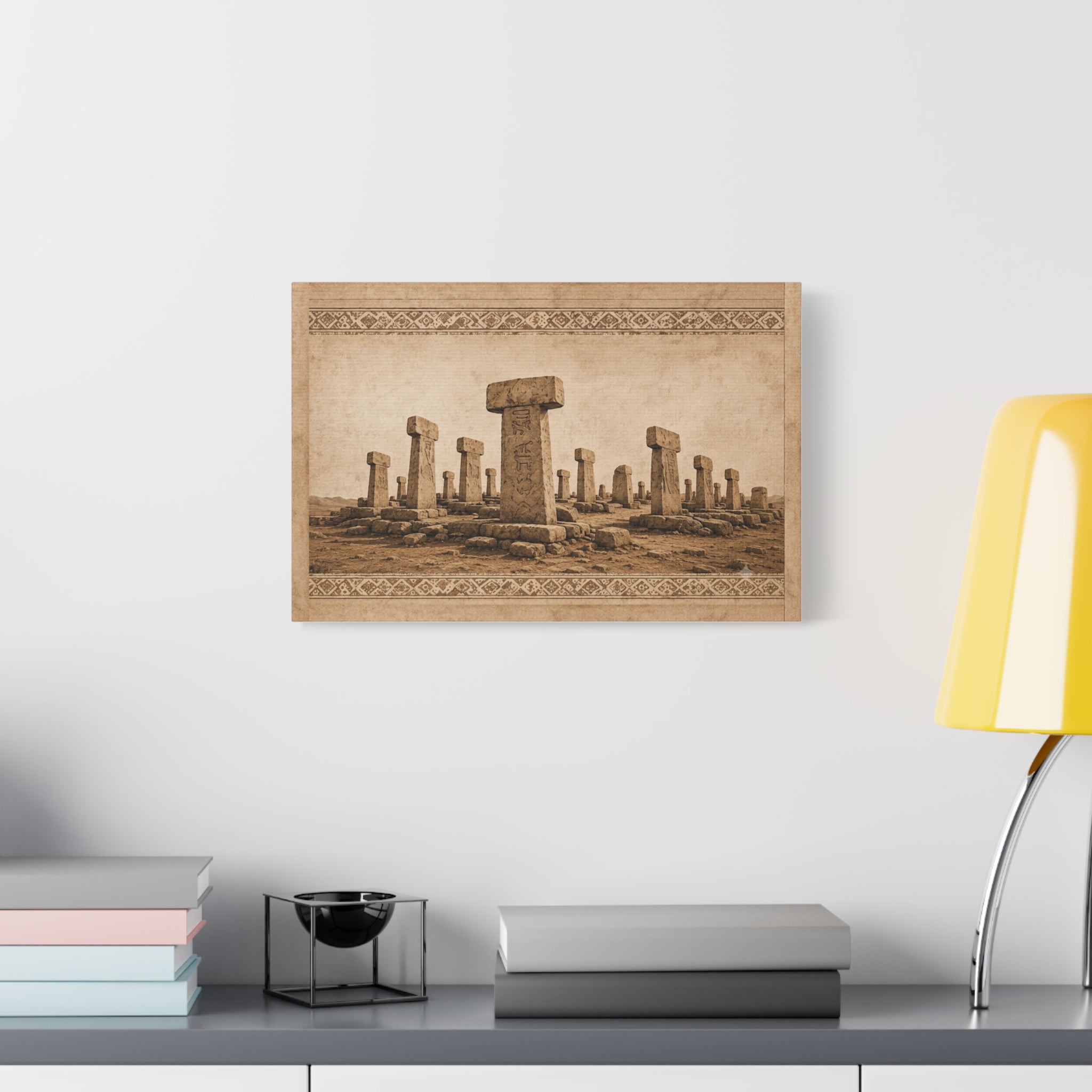 Göbeklitepe Wall Art Canvas, Ancient Stone Pillars Print, Sepia Archaeological Landscape, Anatolian Border Design, Large Wall Decor, Solen