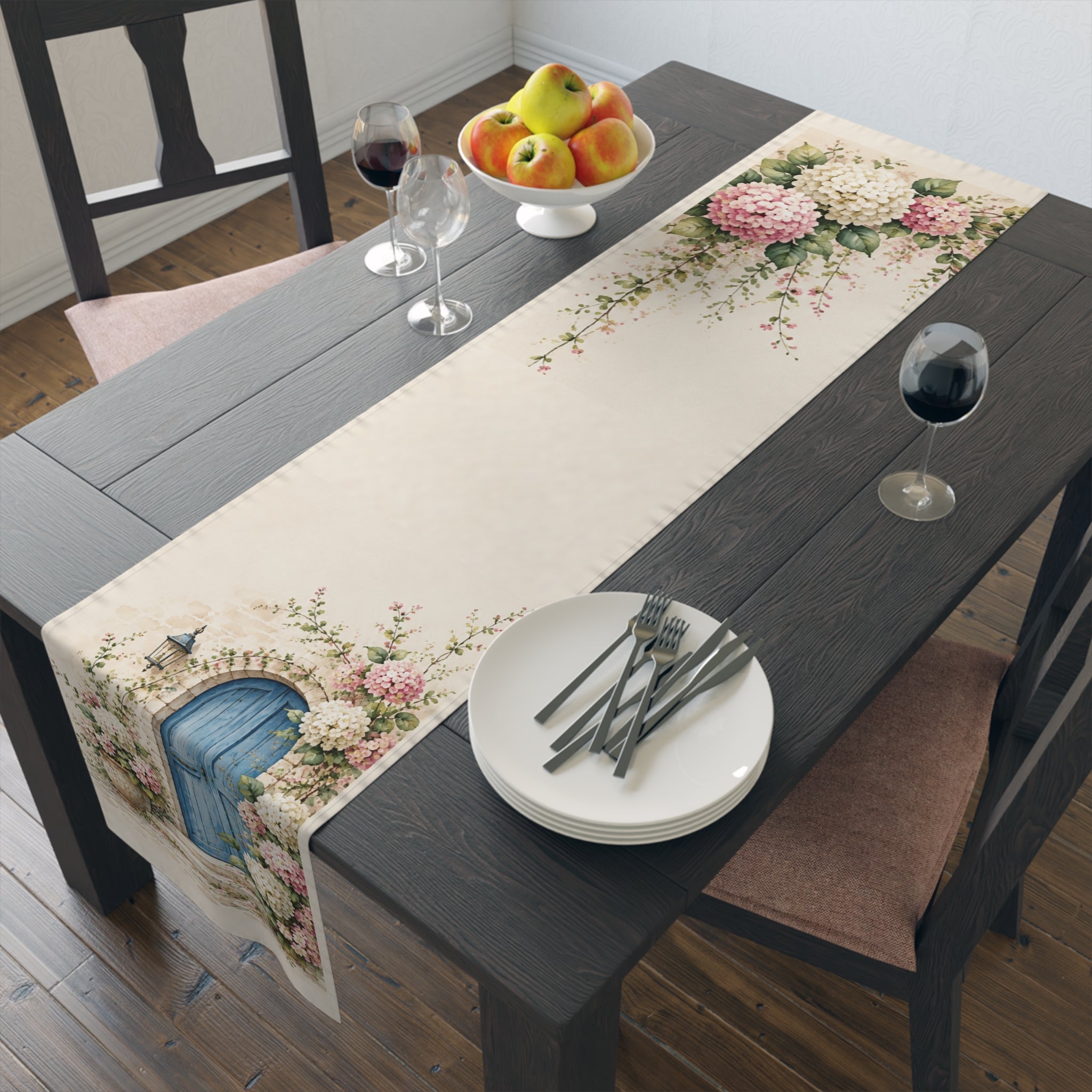 Hydrangea Dream Mavi Kapı Table Runner - Blue Door & Pink Hydrangea Watercolor Decor - Solen Art