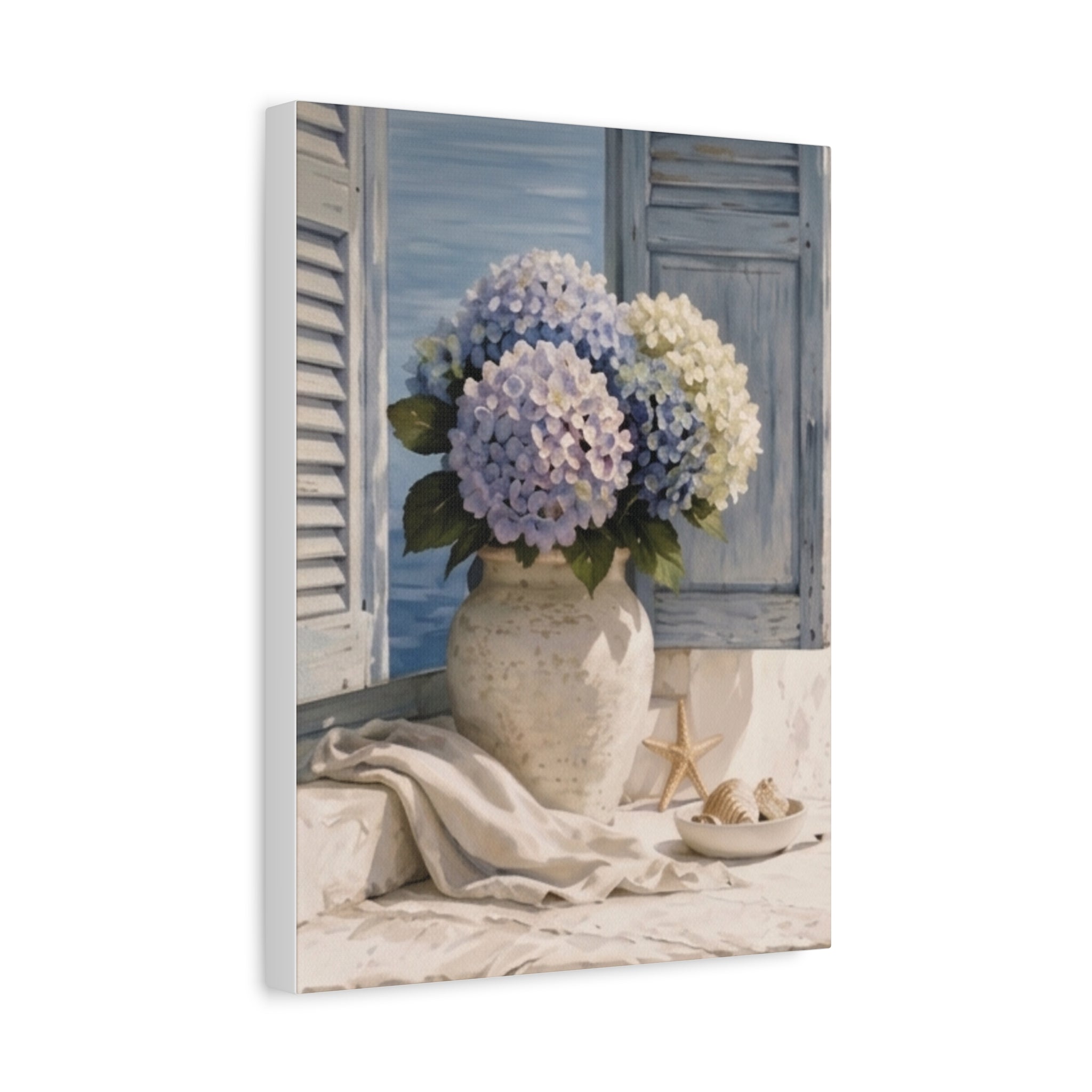 Coastal Hydrangea Canvas Wall Art, Blue Flowers by the Window Print, Mediterranean Seaside Decor, Botanical Living Room Art, Solen
