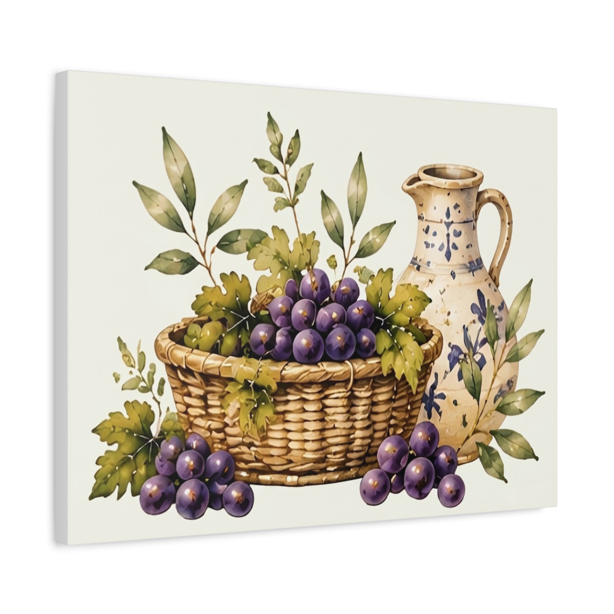 Grapes & Pitcher Matte Canvas Wall Art, Rustic Tuscan Kitchen Decor, Vintage Fruit Still Life Print, Dining Room Art, Solen