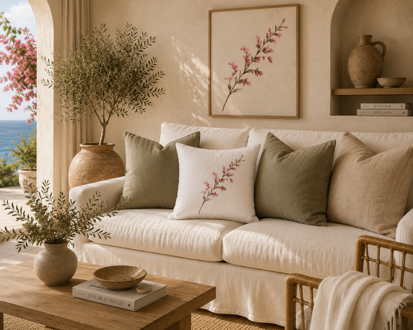 Floral Branch Square Pillowcase — Pink Watercolor Blossom Throw Pillow Cover