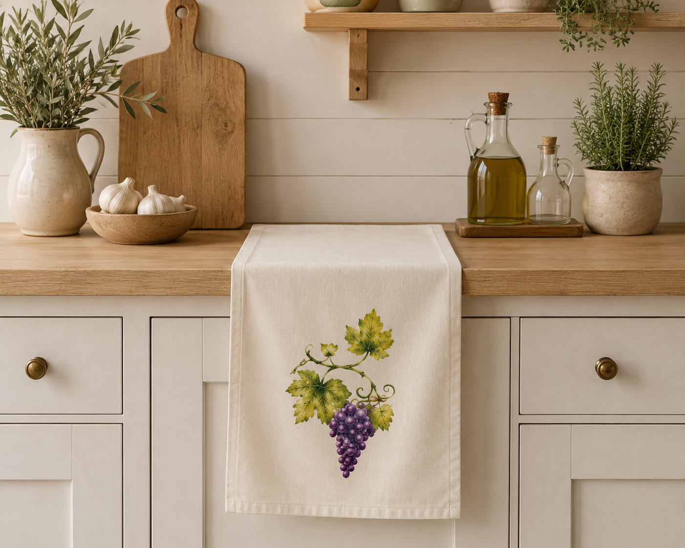 Mediterranean Watercolor Grapes Tea Towel - Cotton Kitchen Linen - Solen Art