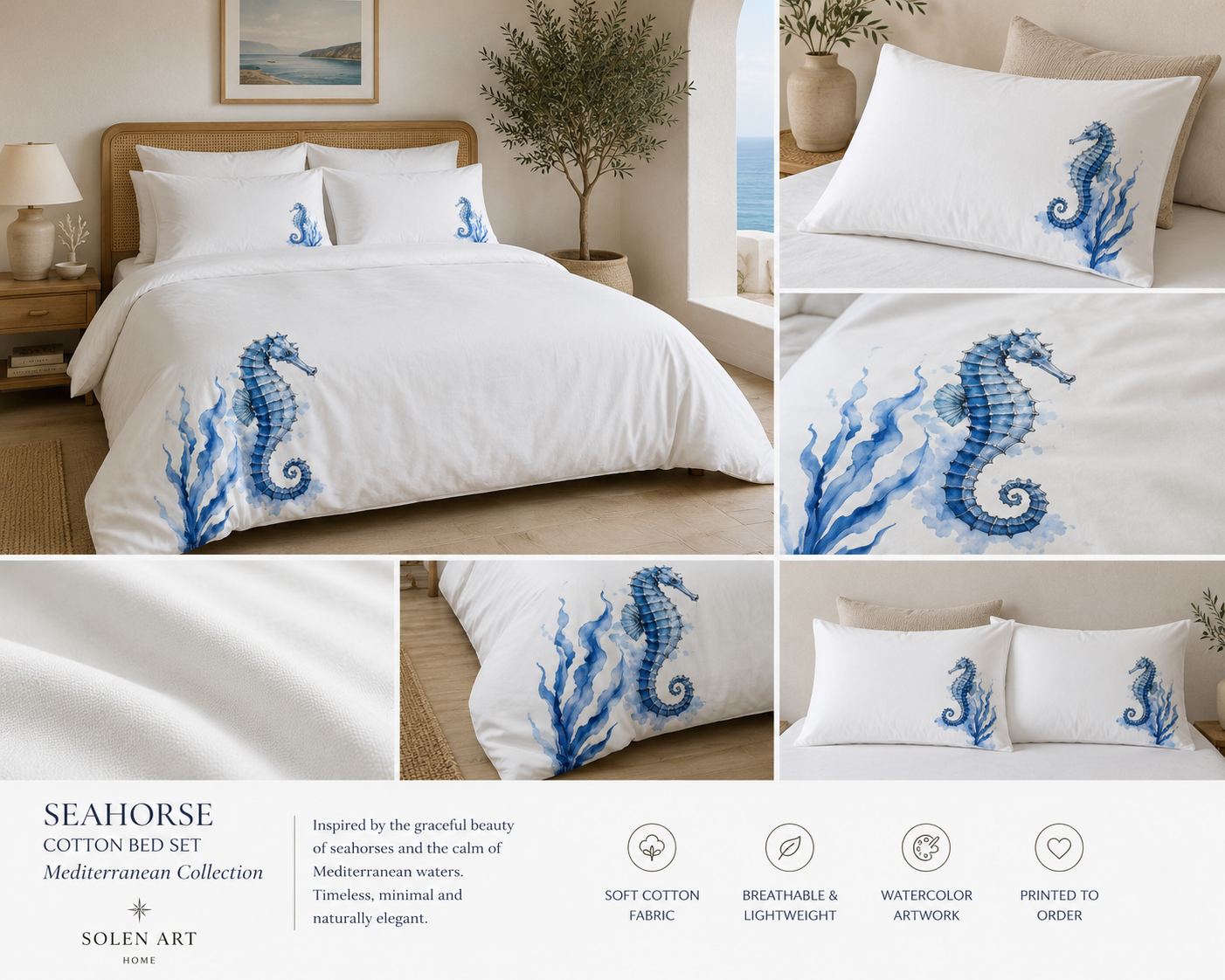 Seahorse Coastal Cotton Bed Set – Blue Nautical Duvet Cover