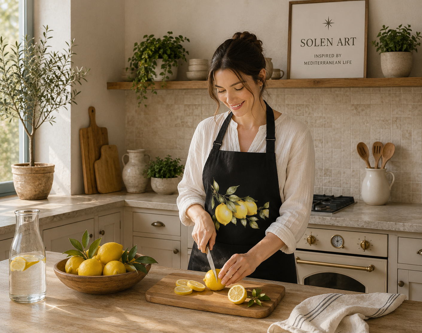 Mediterranean Lemon Apron - Botanical Kitchen Apron - Italian Lemon Cooking Apron - Solen Art