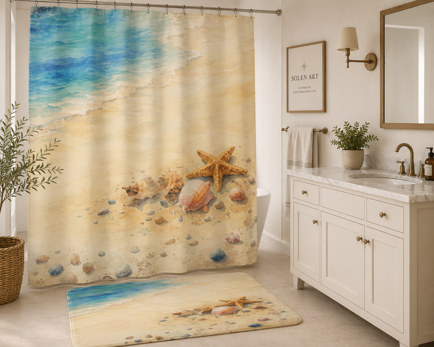 Mediterranean Coastal Shower Curtain | Seashell & Starfish Beach Bathroom Decor | Ocean Watercolor Bath Curtain | Nautical Coastal Design | Solen Art