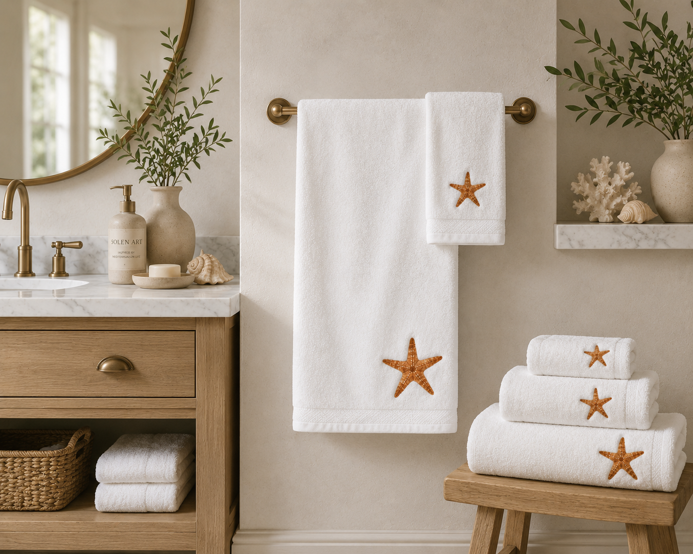 Coastal Starfish Face Towel - Mediterranean Bathroom - Nautical Bathroom Decor | Solen Art