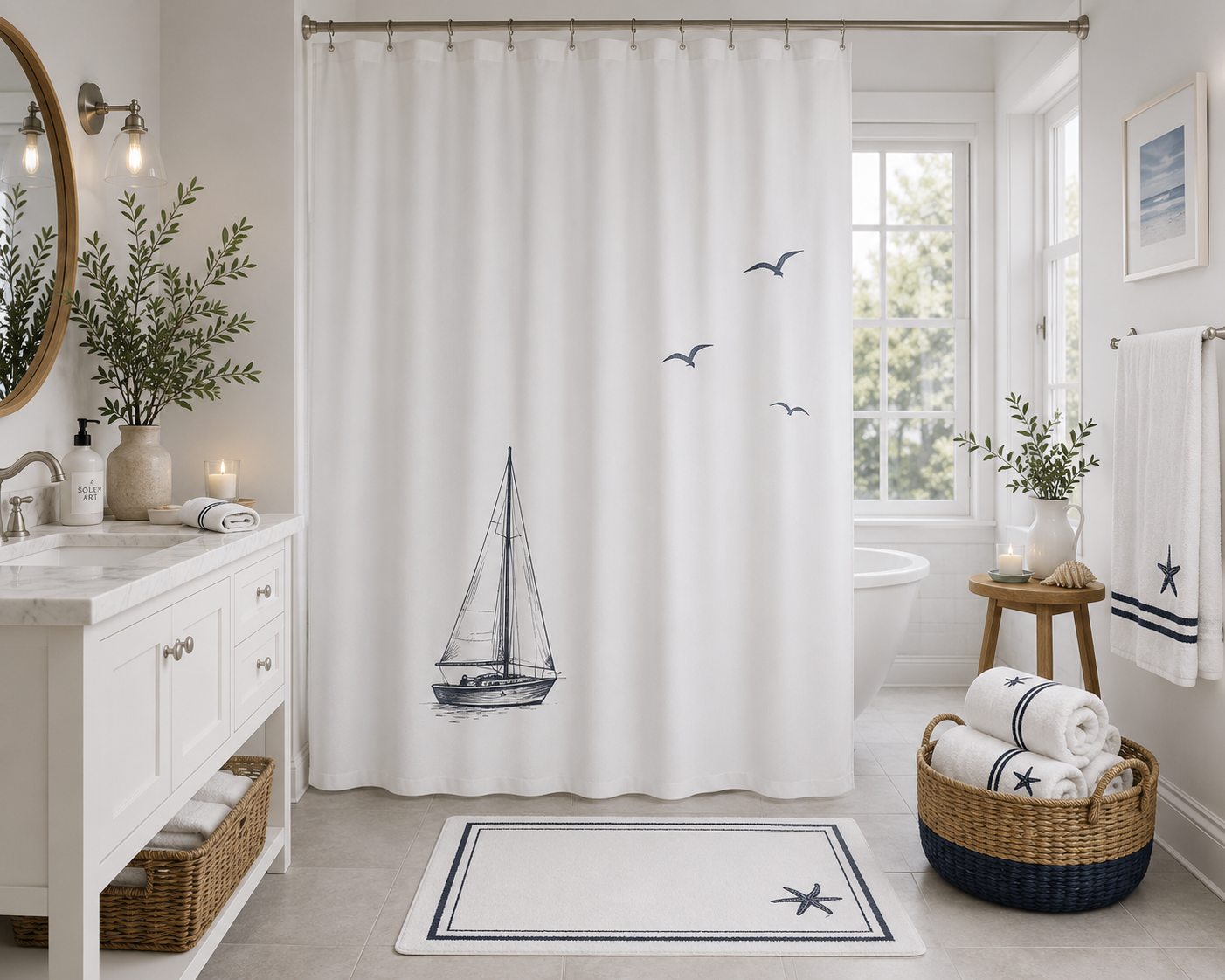 Minimalist Sailboat Shower Curtain | Mediterranean Coastal Bathroom Decor - Nautical Watercolor Bath Curtain - Solen Art