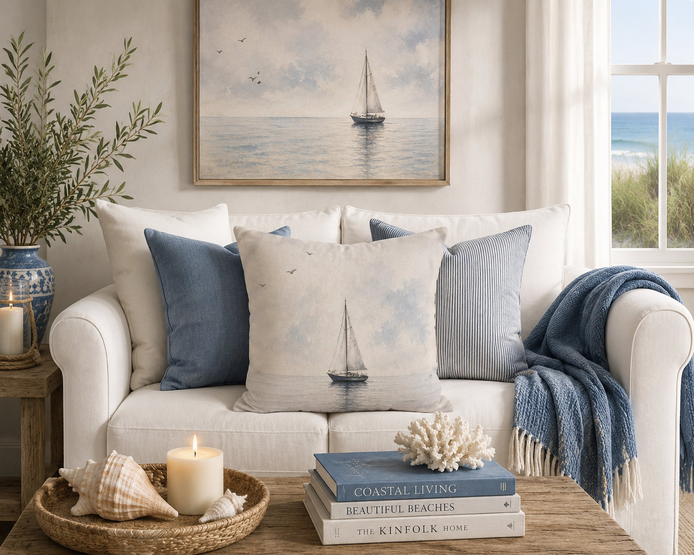 Sailboat Watercolor Pillowcase — Coastal Nautical Square