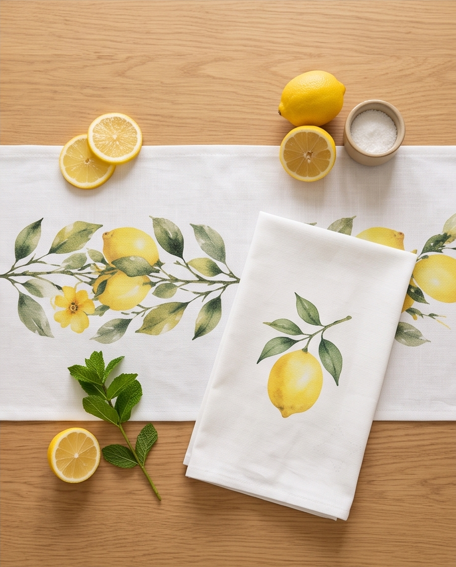 Lemon Branch Table Runner — Citrus Watercolor Kitchen Decor