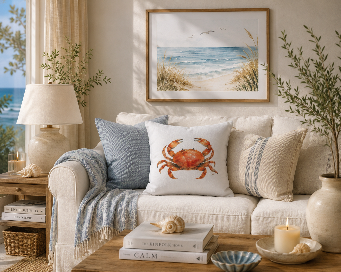 Watercolor crab pillowcase, coastal beach accent pillow