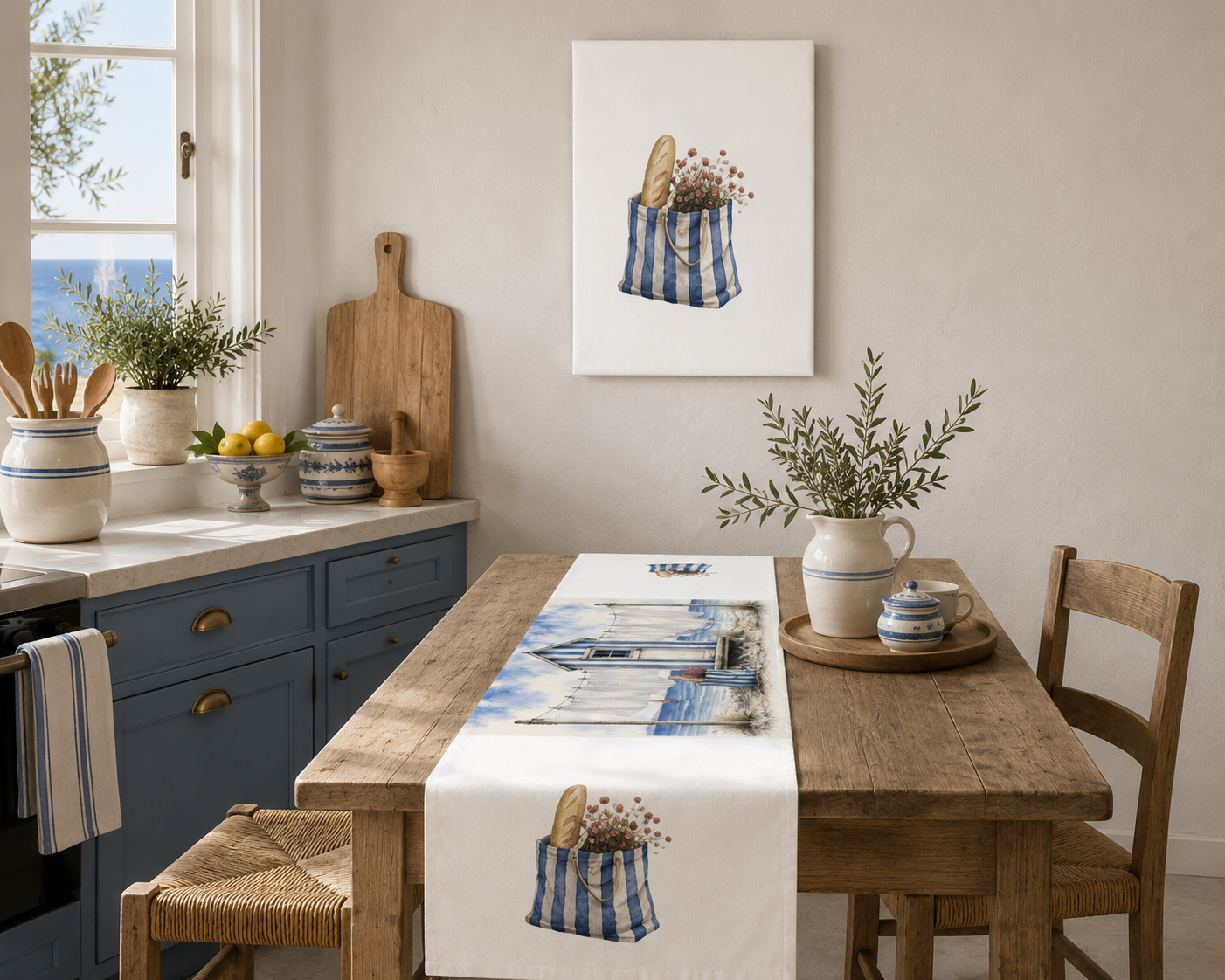 Blue & Salt Kitchen Runner | Mediterranean Coastal Table Runner— SOLEN ART