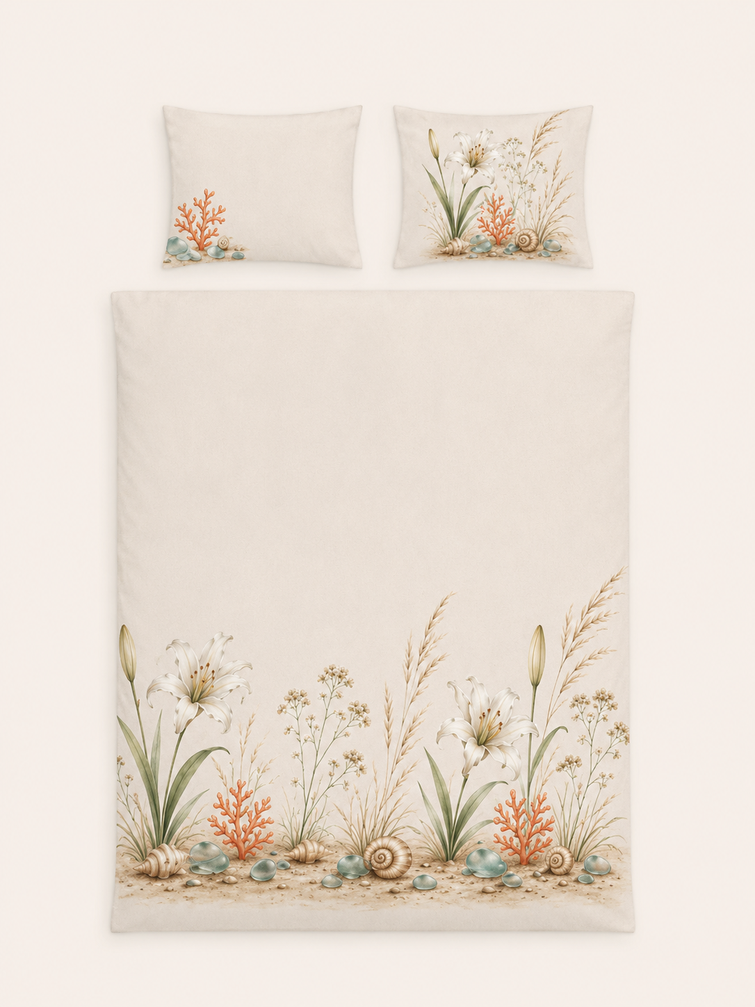 Coastal Botanica | Lily & Coral Coastal Duvet Cover Set | Beach Botanical Bedding | SOLEN ART