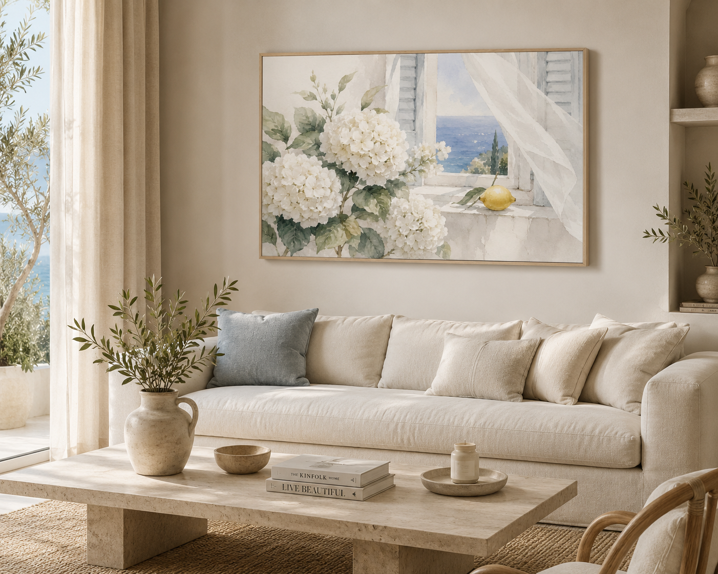 White Summer Window, hydrangea and sea watercolor wall art