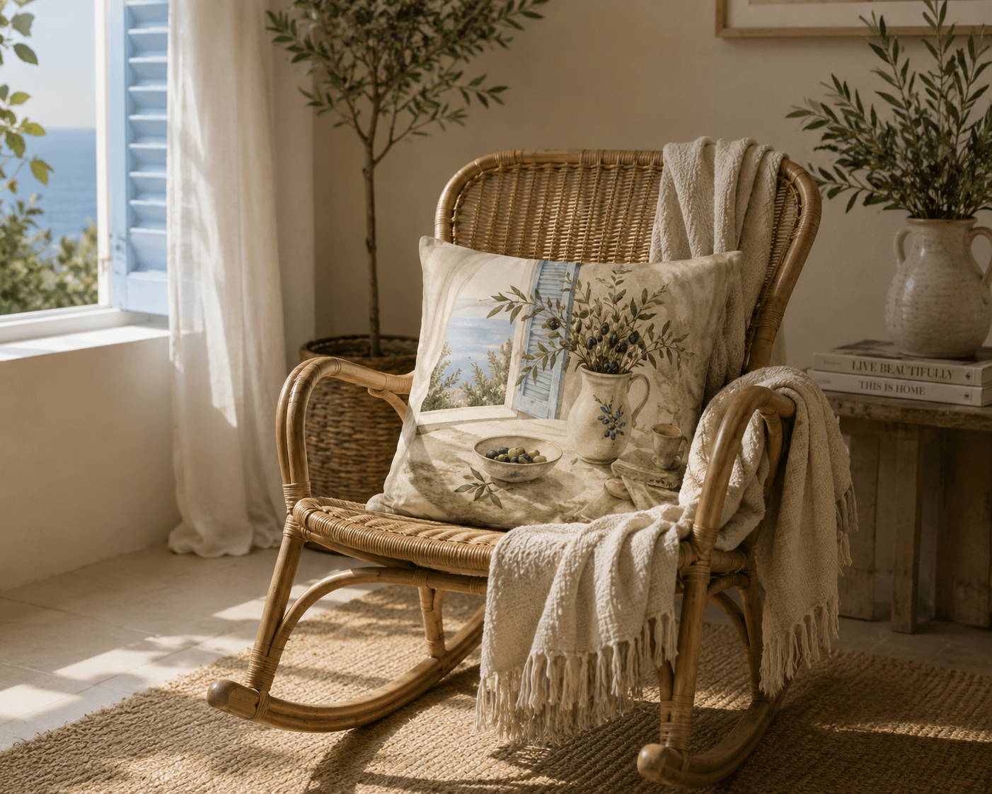 Sea & Slow Days Throw Pillow | Mediterranean Coastal Decorative Cushion— SOLEN ART