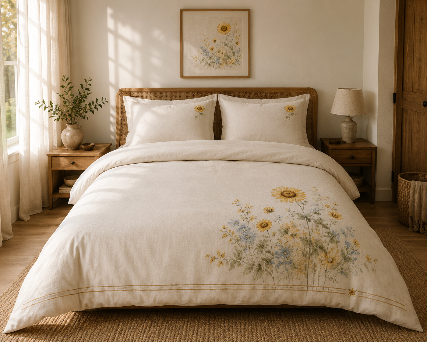 Sunlit Courtyard Duvet Cover Set | Watercolor Sunflower Bedding | Botanical Cottagecore Bedding | Quinn Size | SOLEN ART