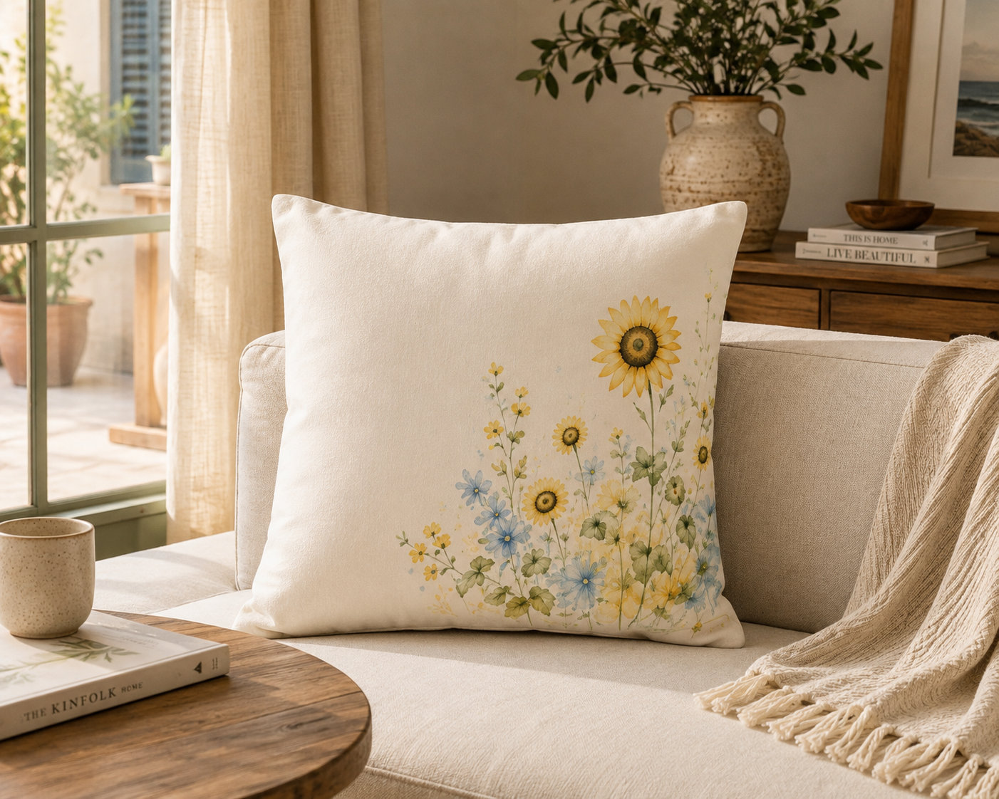 Sunlit Courtyard Throw Pillow | Watercolor Sunflower Decorative Cushion | Botanical Farmhouse Accent Pillow | SOLEN ART