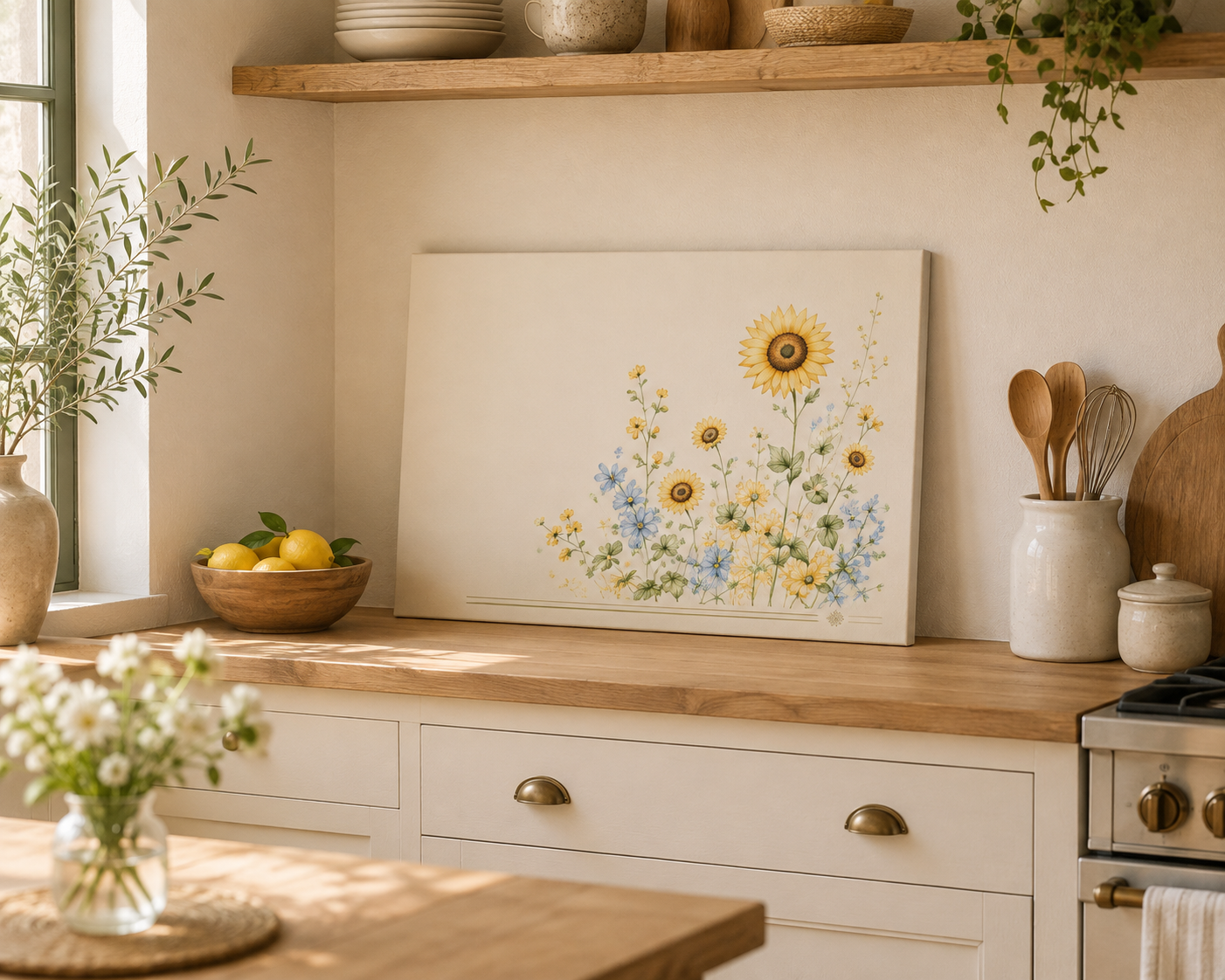 Sunlit Courtyard Watercolor Sunflower Table Runner | Botanical Farmhouse Table Decor | Cottagecore Dining Linen | SOLEN ART