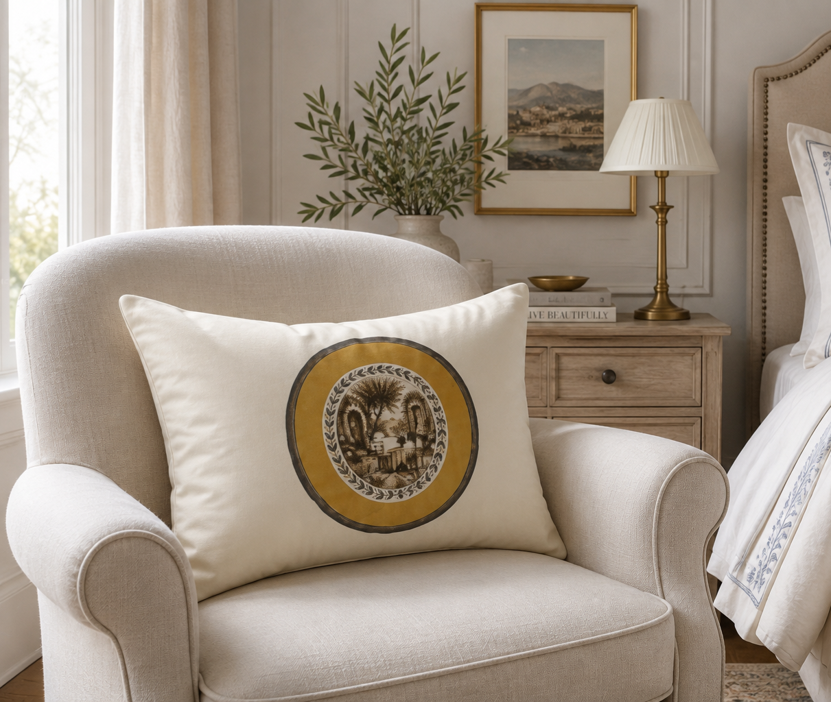 Laurel Medallion Throw Pillow | Vintage Toile Decorative Cushion | French Country Home Decor | SOLEN ART