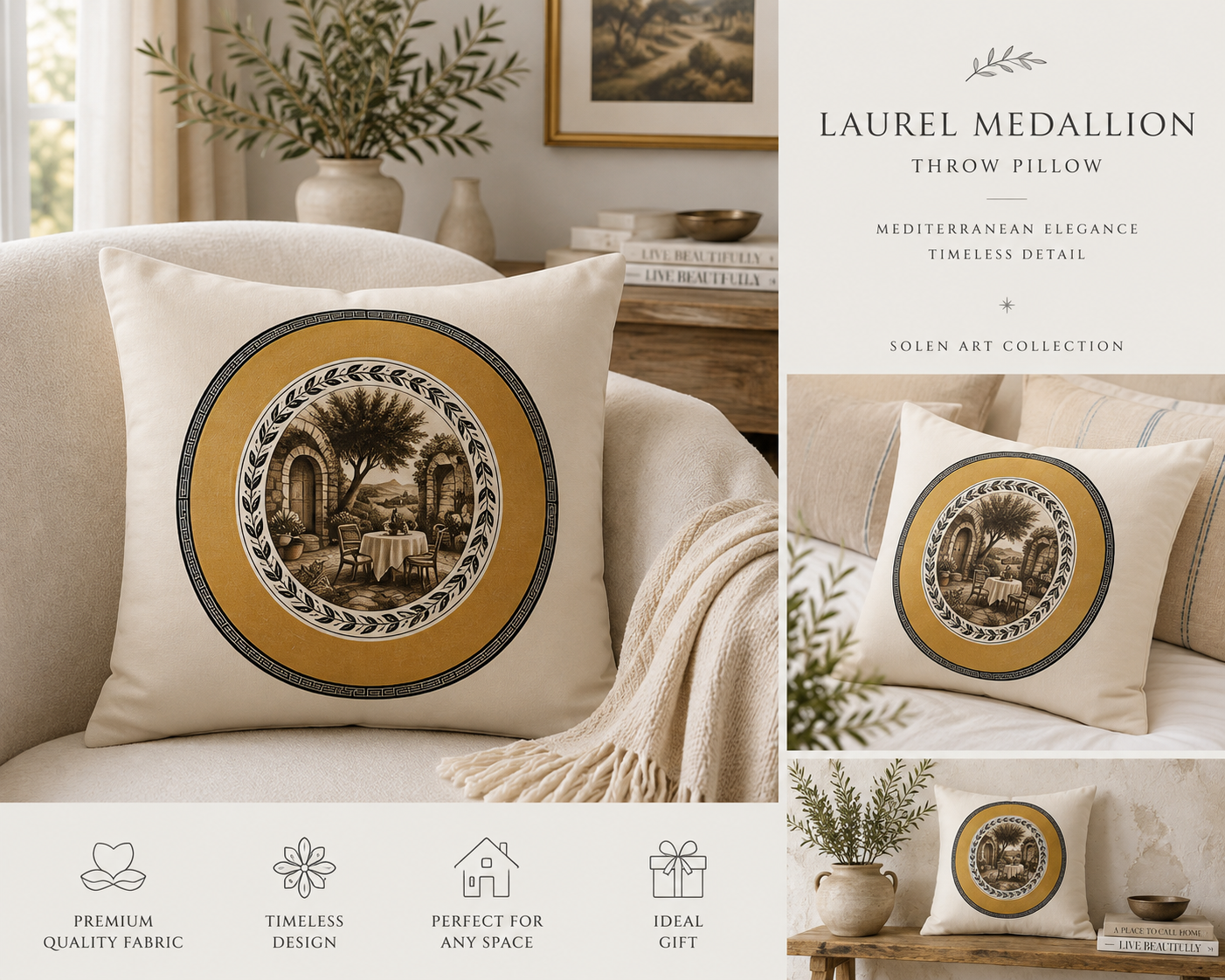 Laurel medallion throw pillow, vintage decorative cushion