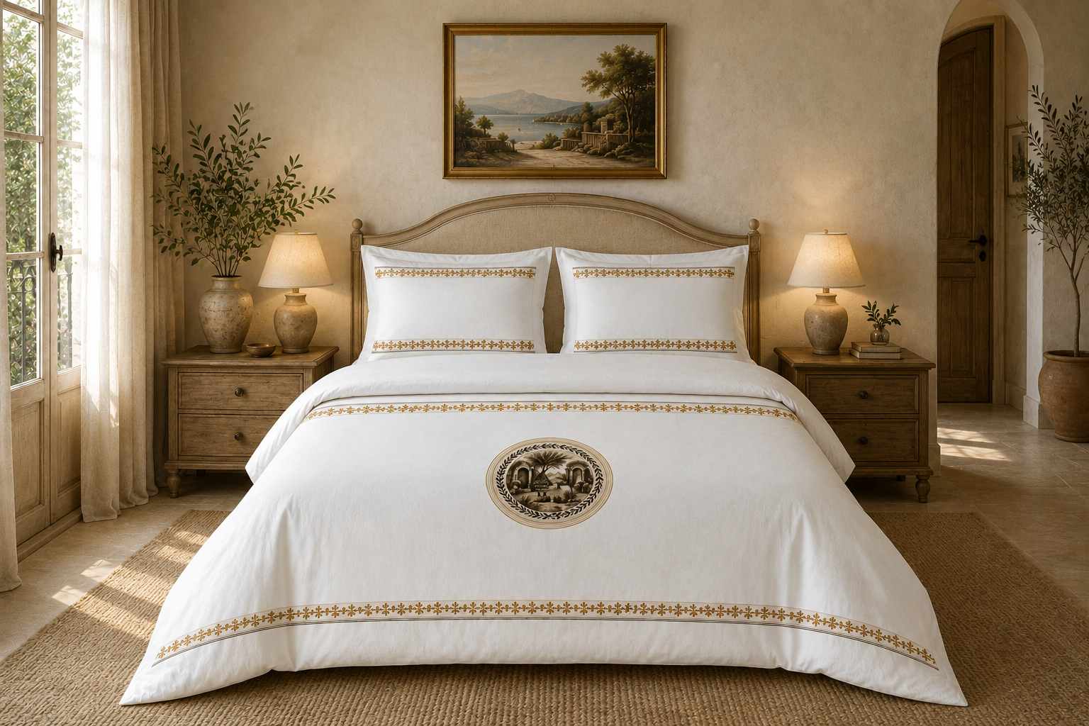 Mediterranean Breeze Embroidered Duvet Cover Set – Ivory & Gold Botanical Cotton Bedding - SOLEN ART