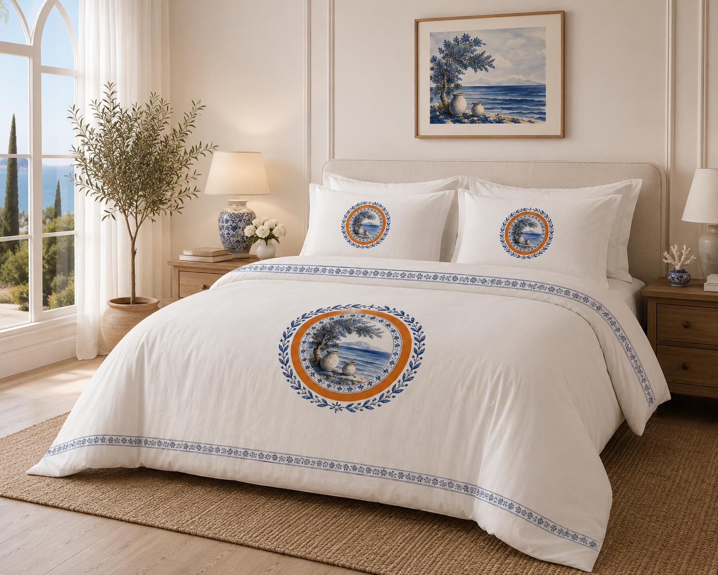 Coastal Mediterranean Duvet Cover Set | Coastal Luxury Bedding | Blue & White Medallion | Quiet Luxury Bedroom | SOLEN ART